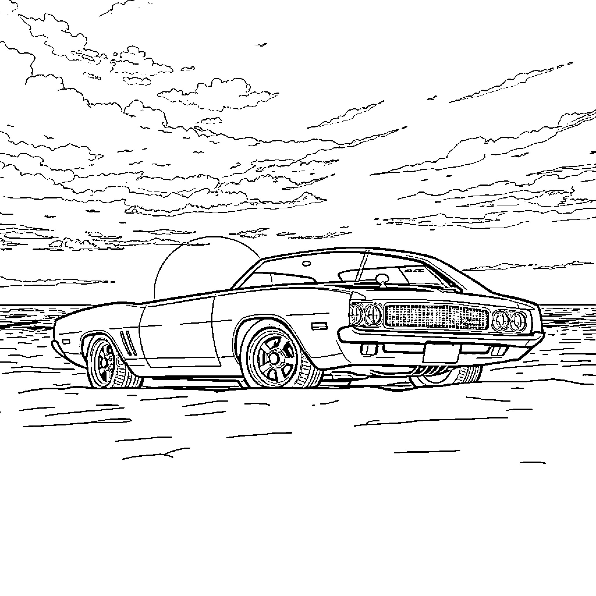Muscle Car Cruising on the Beach Coloring Page (free black-and-white line drawing printable PDF for all, from beginners to advanced learners, including children, teens, adults, and seniors)
