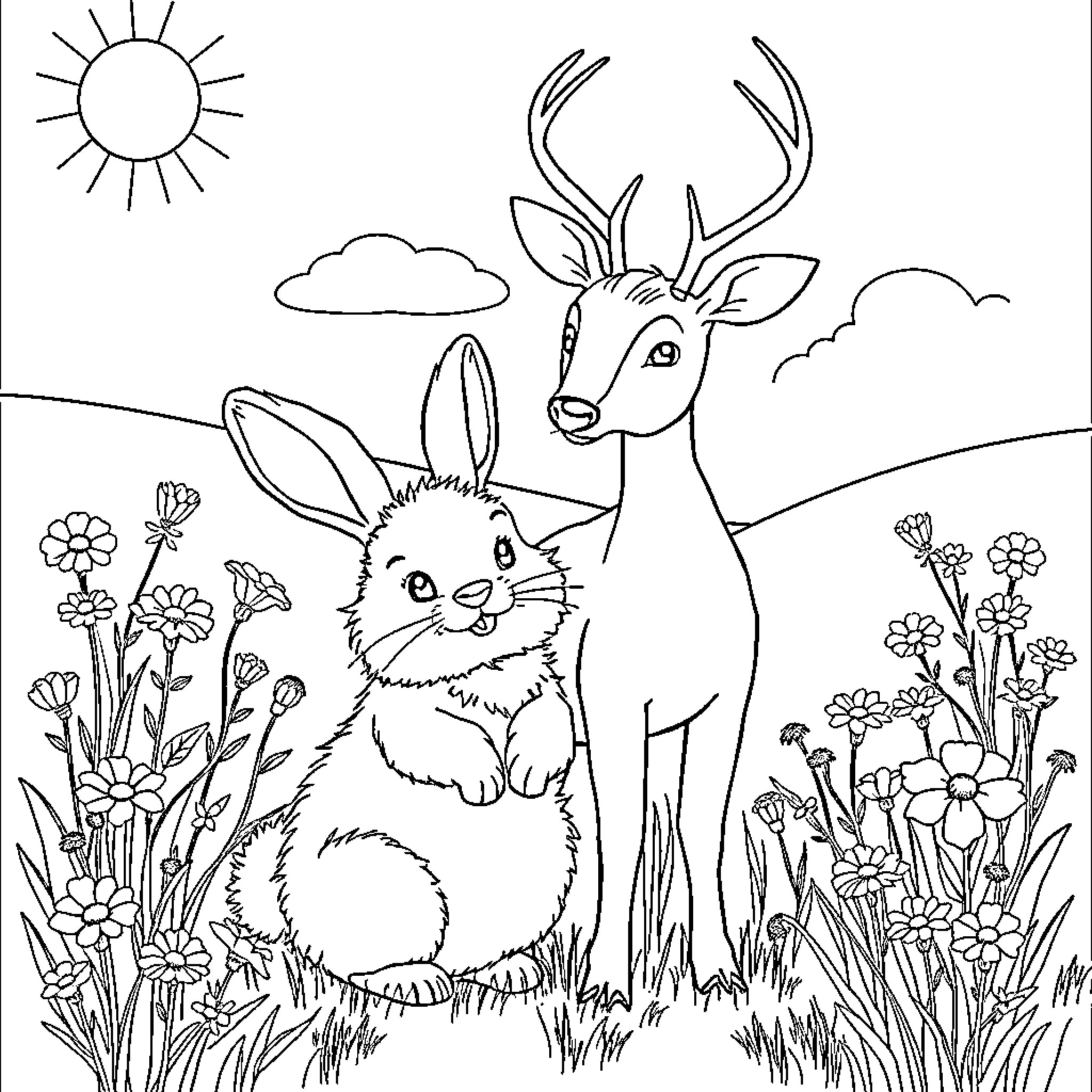 Bunny and Deer in Floral Meadow Coloring Page (free black-and-white line drawing printable PDF for all, from beginners to advanced learners, including children, teens, adults, and seniors)