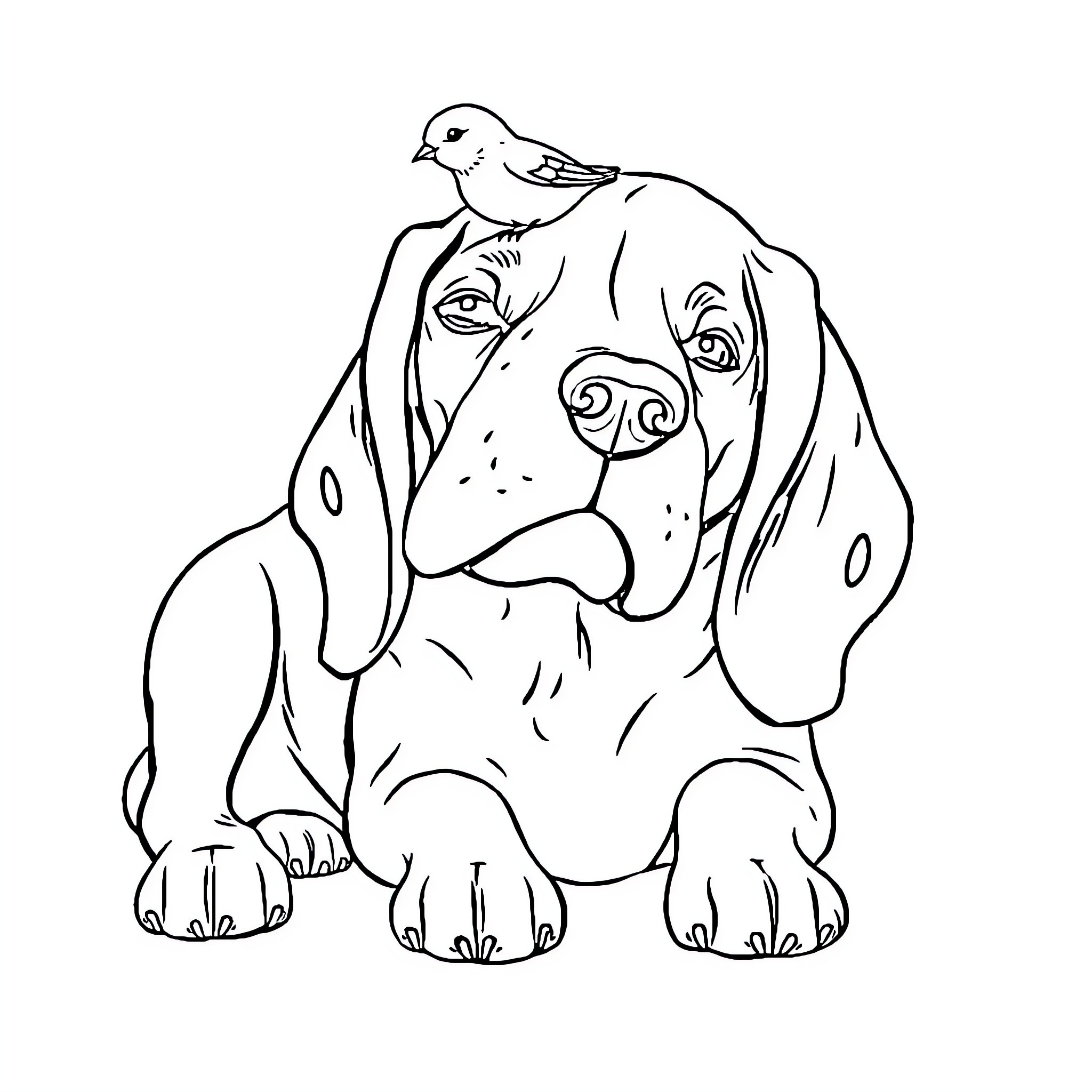 Beagle dog with a curious bird Coloring Page (free black-and-white line drawing printable PDF for all, from beginners to advanced learners, including children, teens, adults, and seniors)