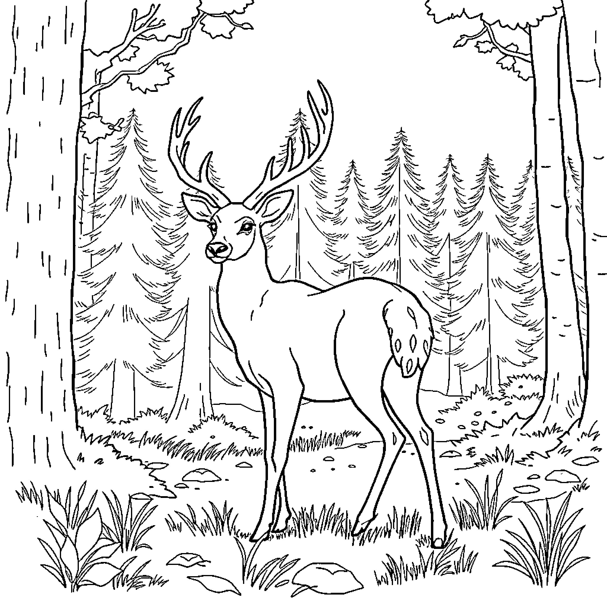 Deer standing in the forest Coloring Page (free black-and-white line drawing printable PDF for all, from beginners to advanced learners, including children, teens, adults, and seniors)