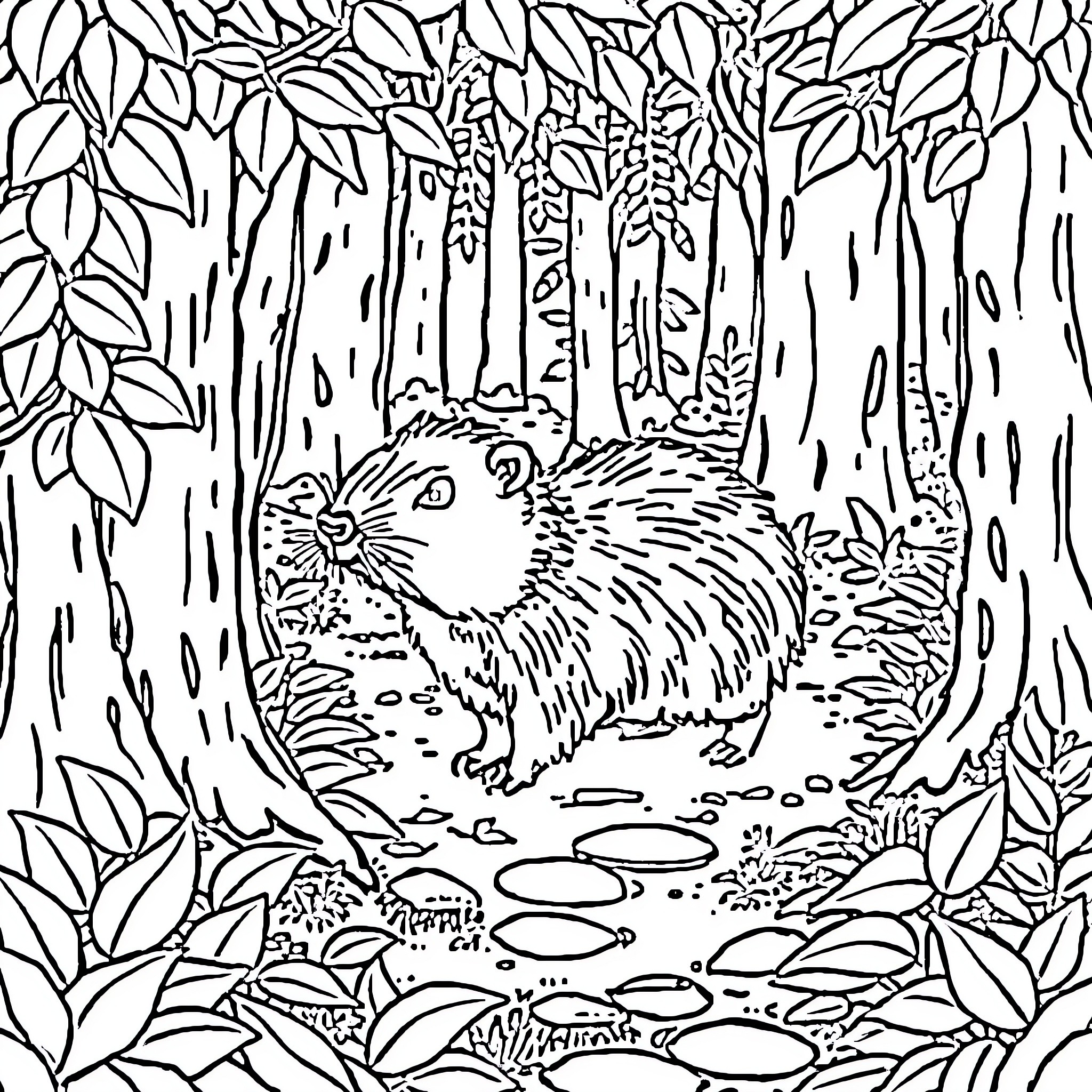 Coypu exploring the forest undergrowth Coloring Page (free black-and-white line drawing printable PDF for all, from beginners to advanced learners, including children, teens, adults, and seniors)
