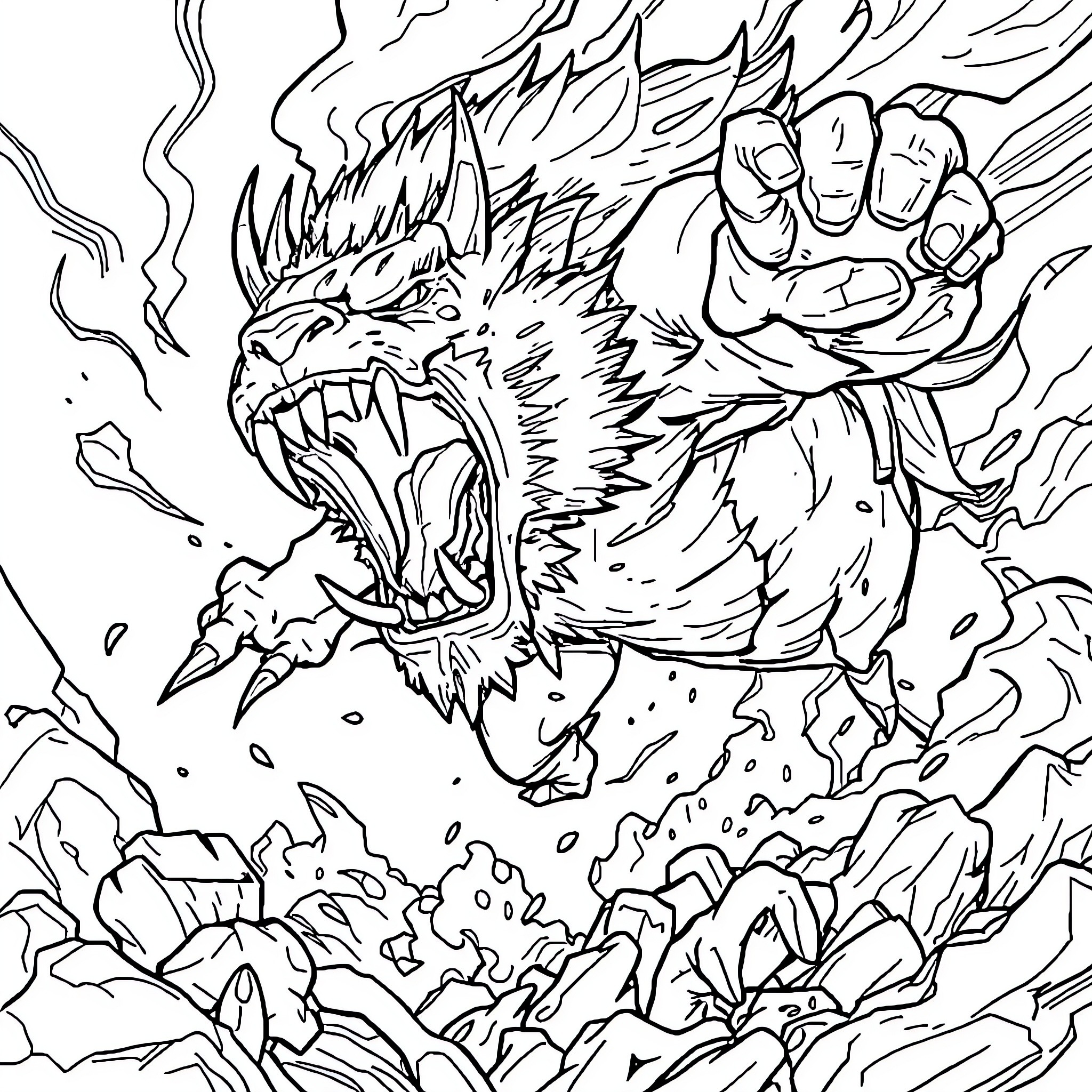 Battle Beast Unleashes Devastating Fury Coloring Page (free black-and-white line drawing printable PDF for all, from beginners to advanced learners, including children, teens, adults, and seniors)