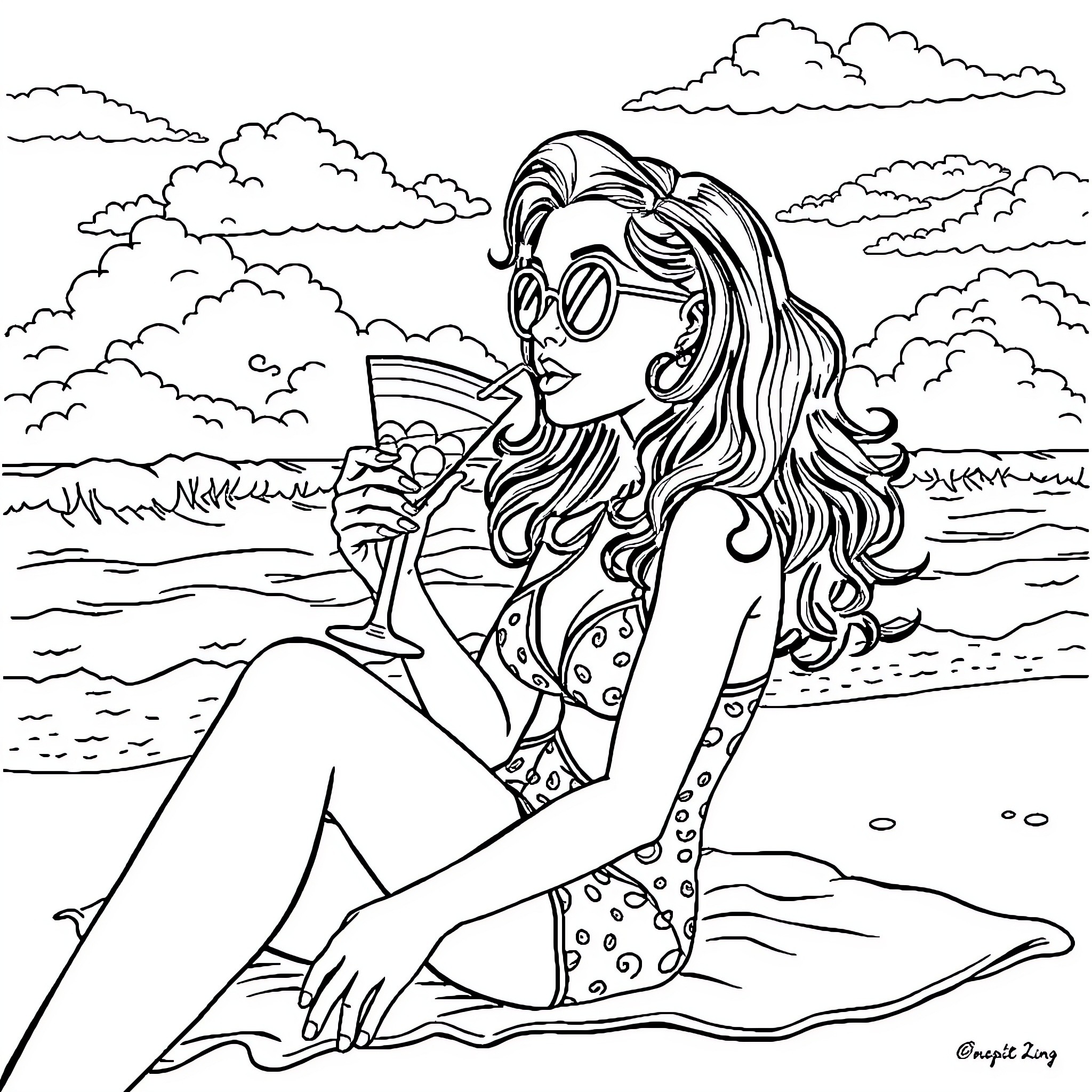 Wednesday by the Beach with Sunglasses Coloring Page (free black-and-white line drawing printable PDF for all, from beginners to advanced learners, including children, teens, adults, and seniors)