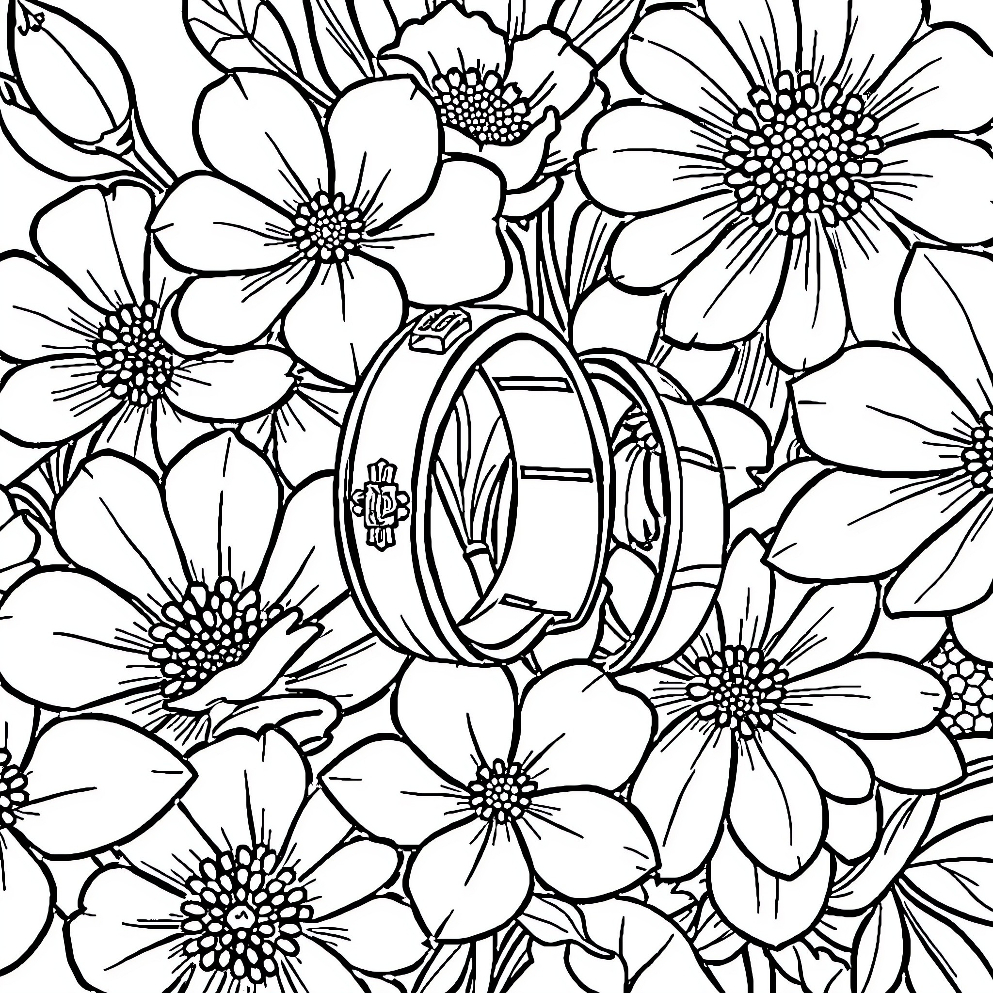 Ring of flowers in floral arrangement Coloring Page (free black-and-white line drawing printable PDF for all, from beginners to advanced learners, including children, teens, adults, and seniors)