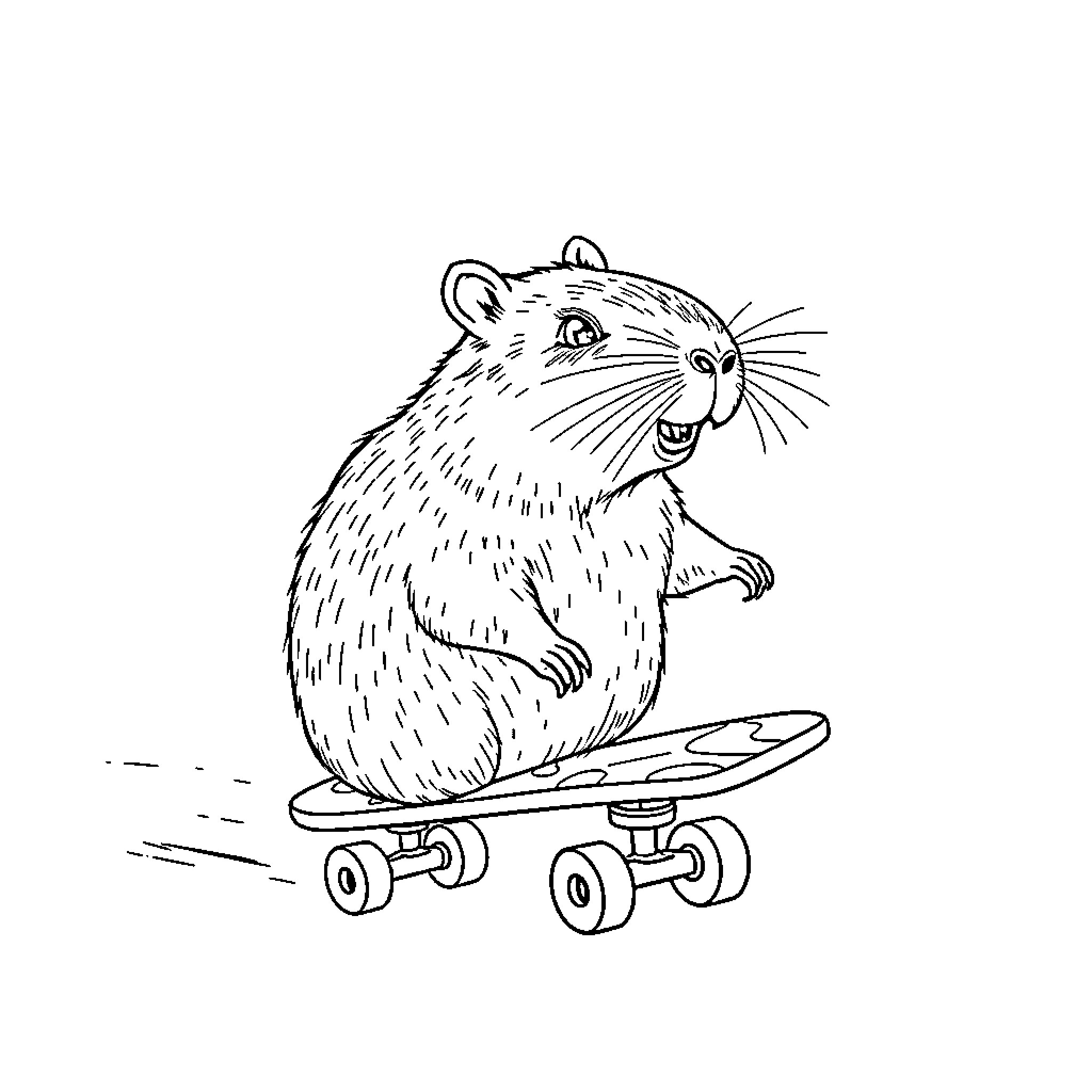 Capybara riding a skateboard Coloring Page (free black-and-white line drawing printable PDF for all, from beginners to advanced learners, including children, teens, adults, and seniors)