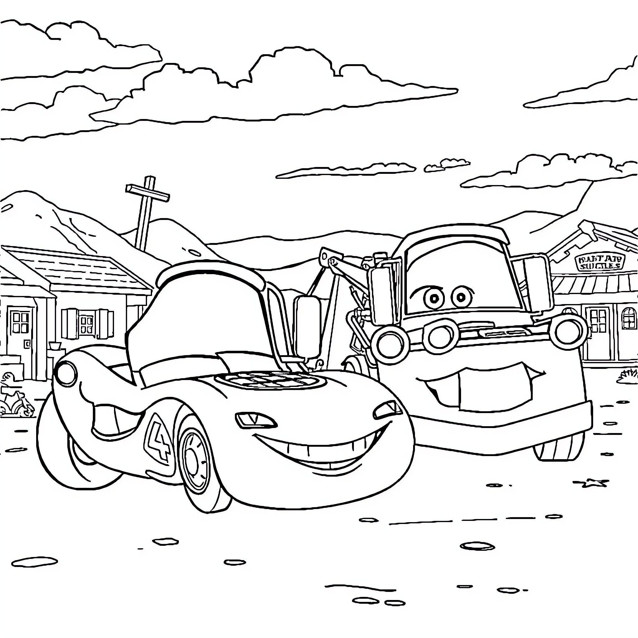 McQueen and Friends at the Construction Site Coloring Page (free black-and-white line drawing printable PDF for all, from beginners to advanced learners, including children, teens, adults, and seniors)