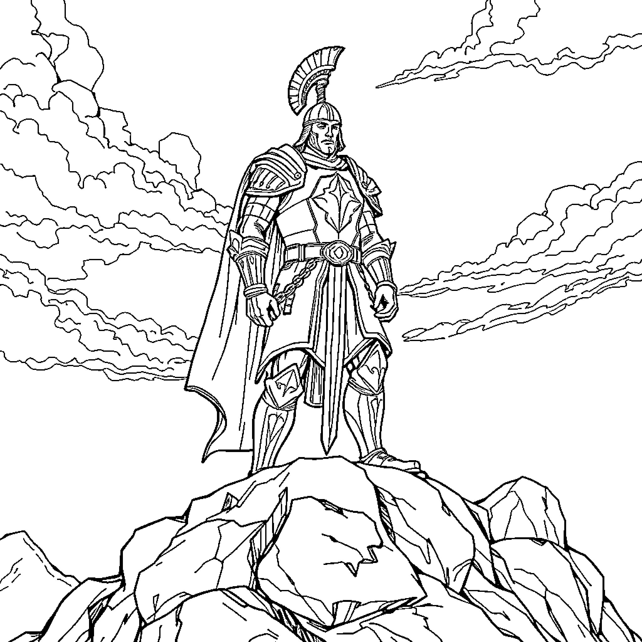 Alexander, the Warrior Atop the Cliffs Coloring Page (free black-and-white line drawing printable PDF for all, from beginners to advanced learners, including children, teens, adults, and seniors)
