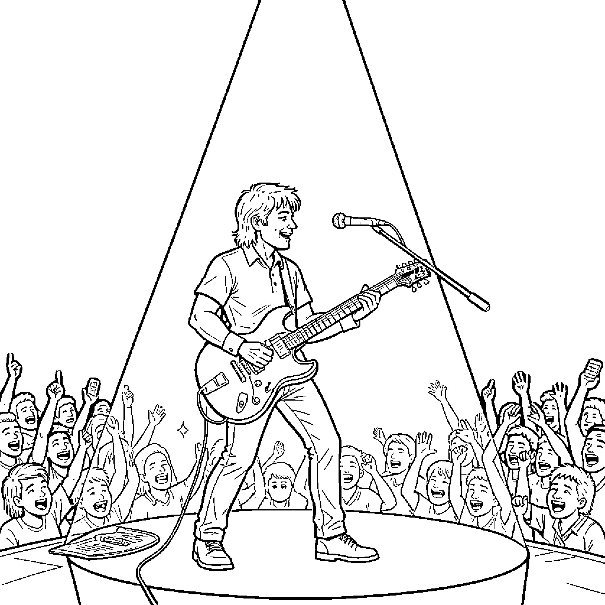 Guitarist performing energetically on stage for an excited crowd Coloring Page (free black-and-white line drawing printable PDF for all, from beginners to advanced learners, including children, teens, adults, and seniors)