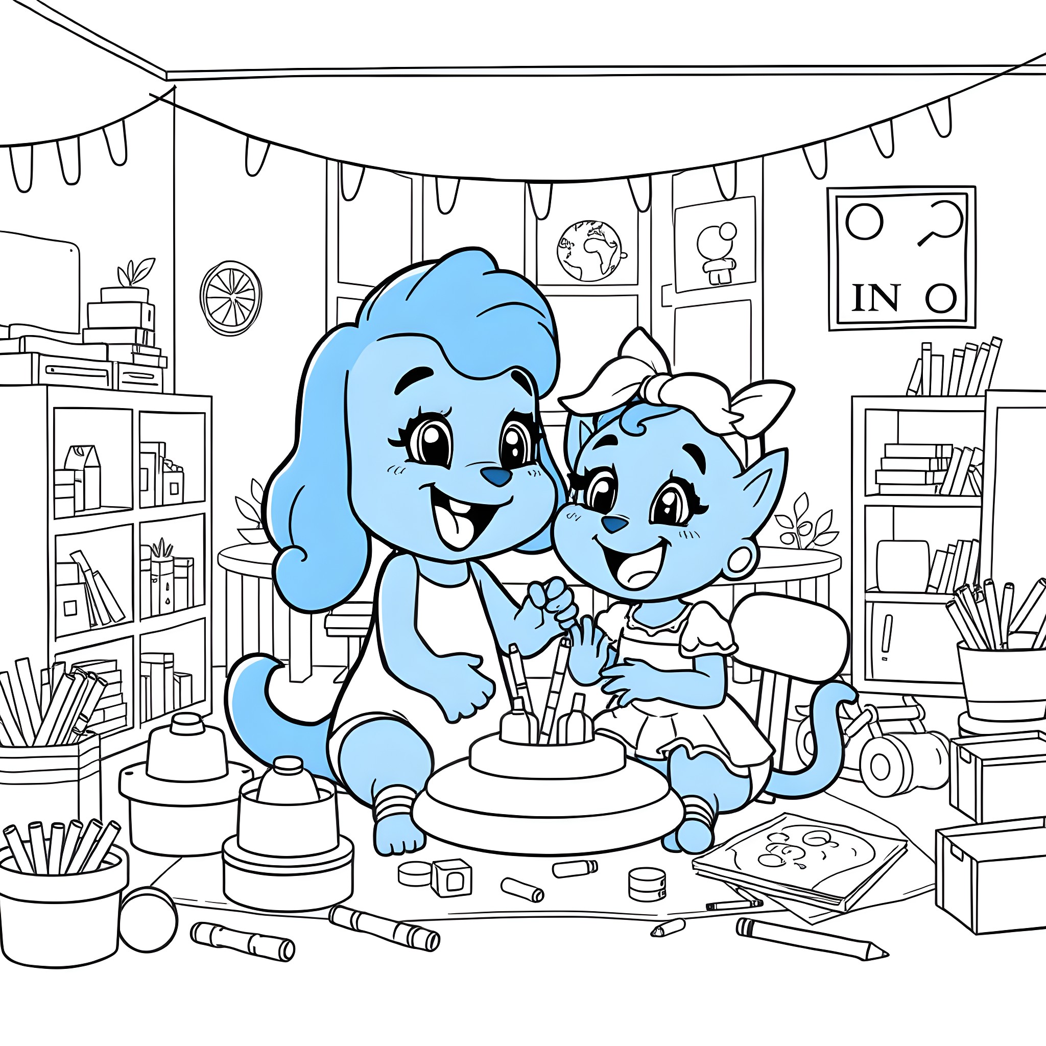 Bluey and Bingo Playing in the Playroom Coloring Page (free black-and-white line drawing printable PDF for all, from beginners to advanced learners, including children, teens, adults, and seniors)