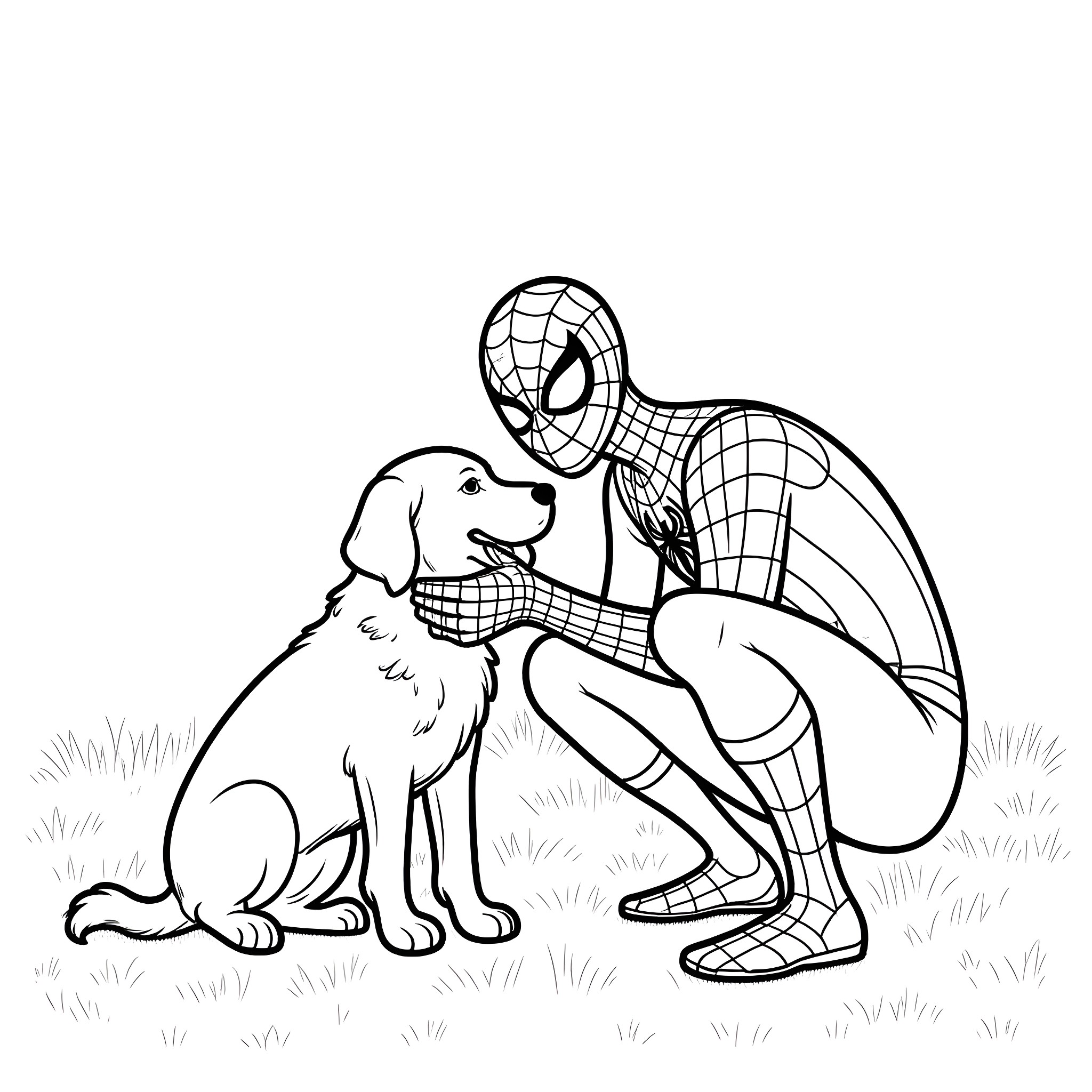 Spider-Man interacting with a friendly dog Coloring Page (free black-and-white line drawing printable PDF for all, from beginners to advanced learners, including children, teens, adults, and seniors)