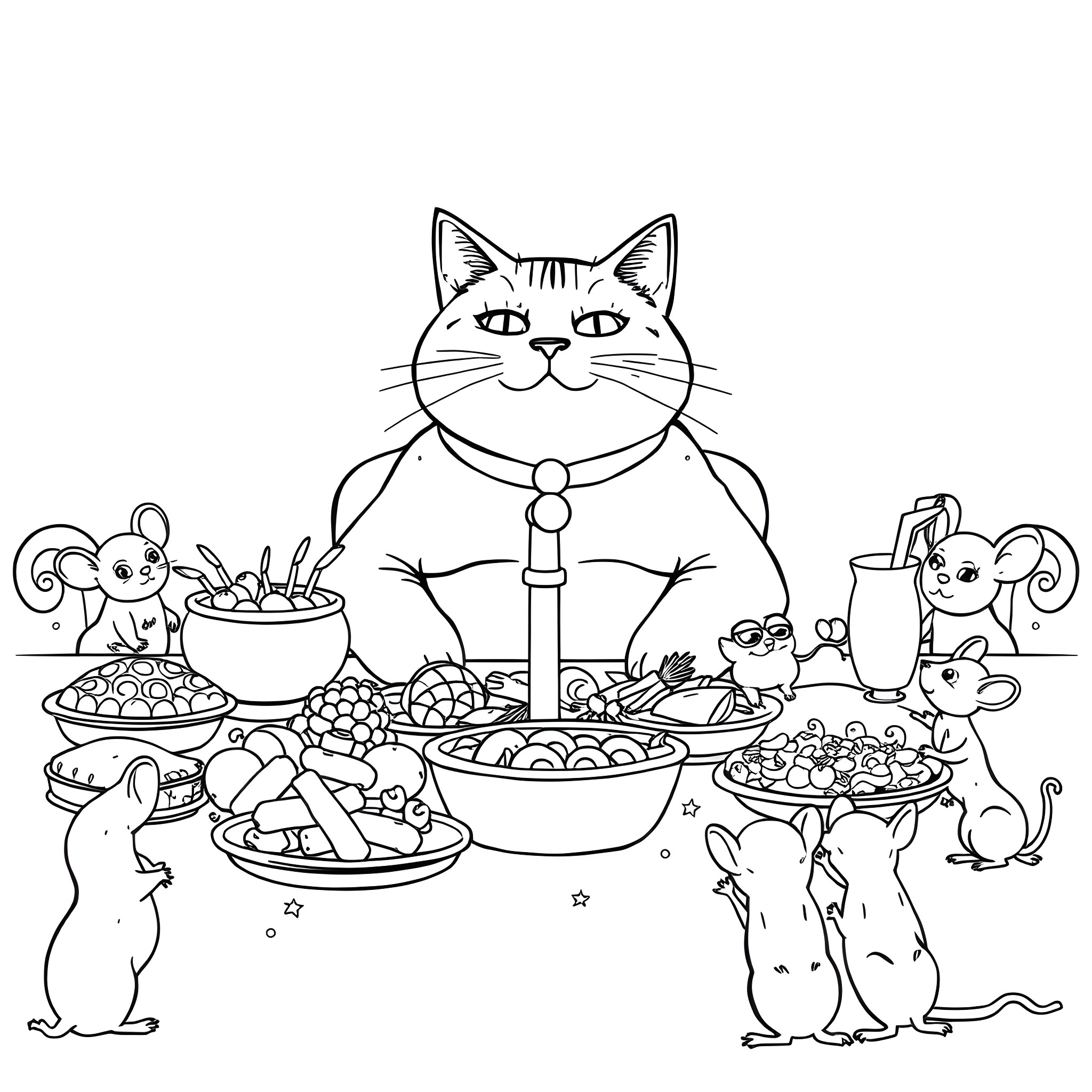 Cat Feasting with Cute Animals Coloring Page (free black-and-white line drawing printable PDF for all, from beginners to advanced learners, including children, teens, adults, and seniors)