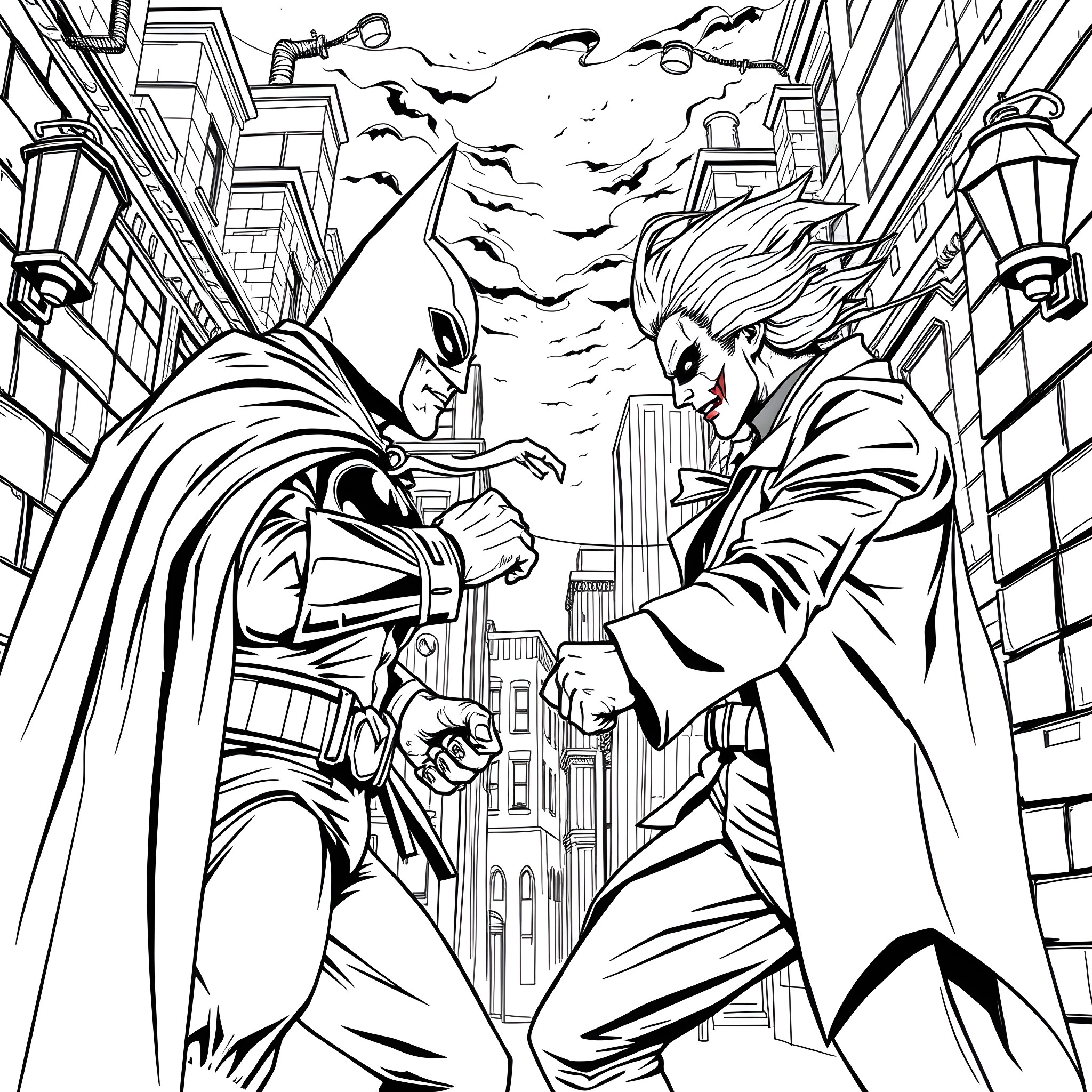 Ninja heroes battle in the city Coloring Page (free black-and-white line drawing printable PDF for all, from beginners to advanced learners, including children, teens, adults, and seniors)