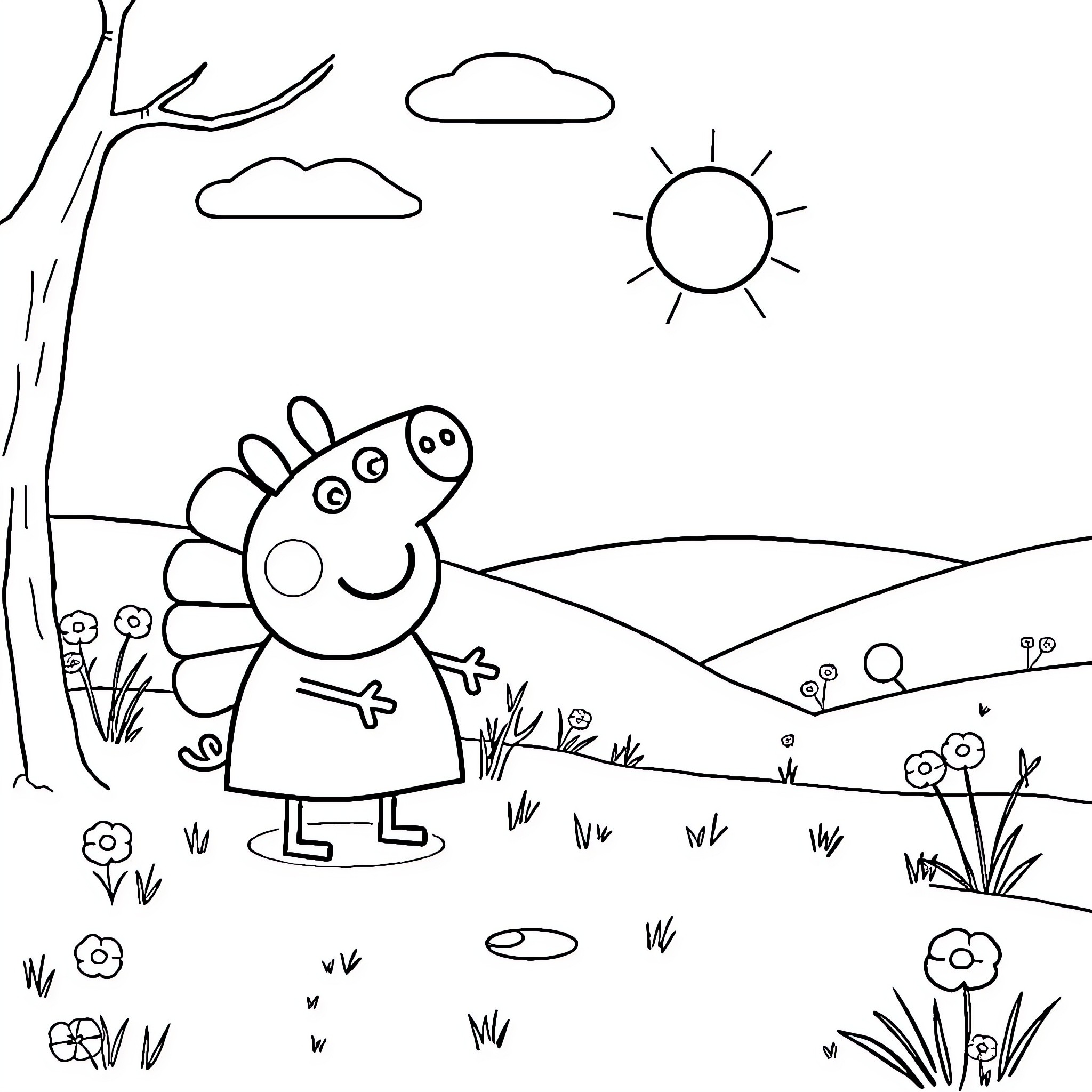Peppa Pig enjoying a sunny day outdoors Coloring Page (free black-and-white line drawing printable PDF for all, from beginners to advanced learners, including children, teens, adults, and seniors)