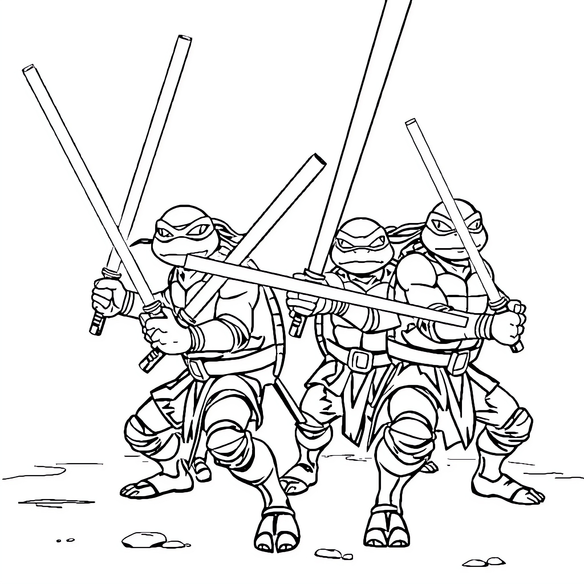 Ninja Turtle Warrior Quartet in Action Coloring Page (free black-and-white line drawing printable PDF for all, from beginners to advanced learners, including children, teens, adults, and seniors)
