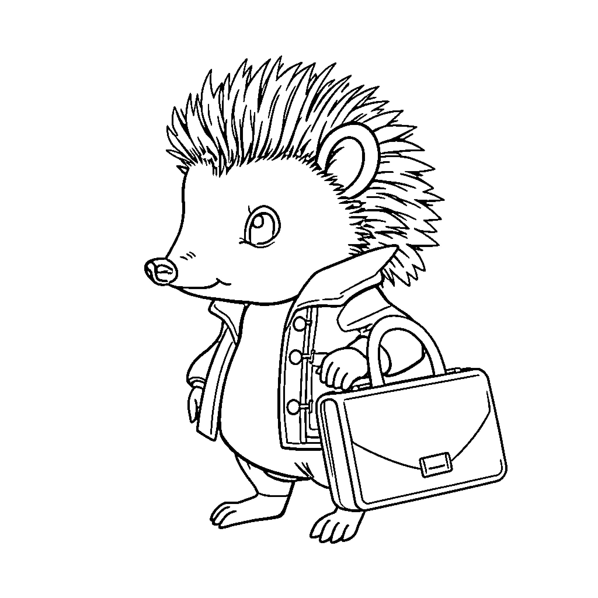 Hedgehog with Briefcase Going to Work Coloring Page (free black-and-white line drawing printable PDF for all, from beginners to advanced learners, including children, teens, adults, and seniors)