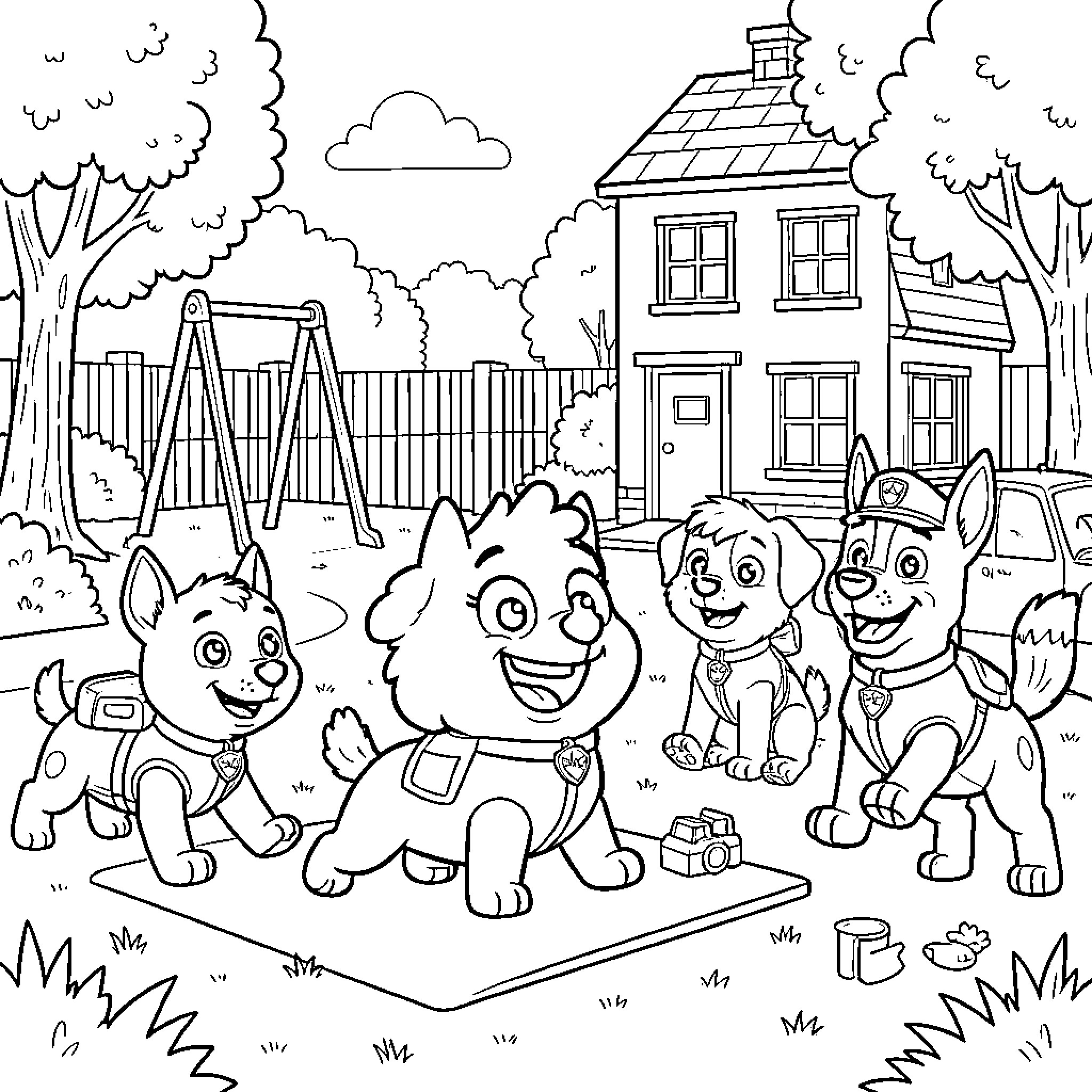 Bluey style puppies playing together in a backyard Coloring Page (free black-and-white line drawing printable PDF for all, from beginners to advanced learners, including children, teens, adults, and seniors)