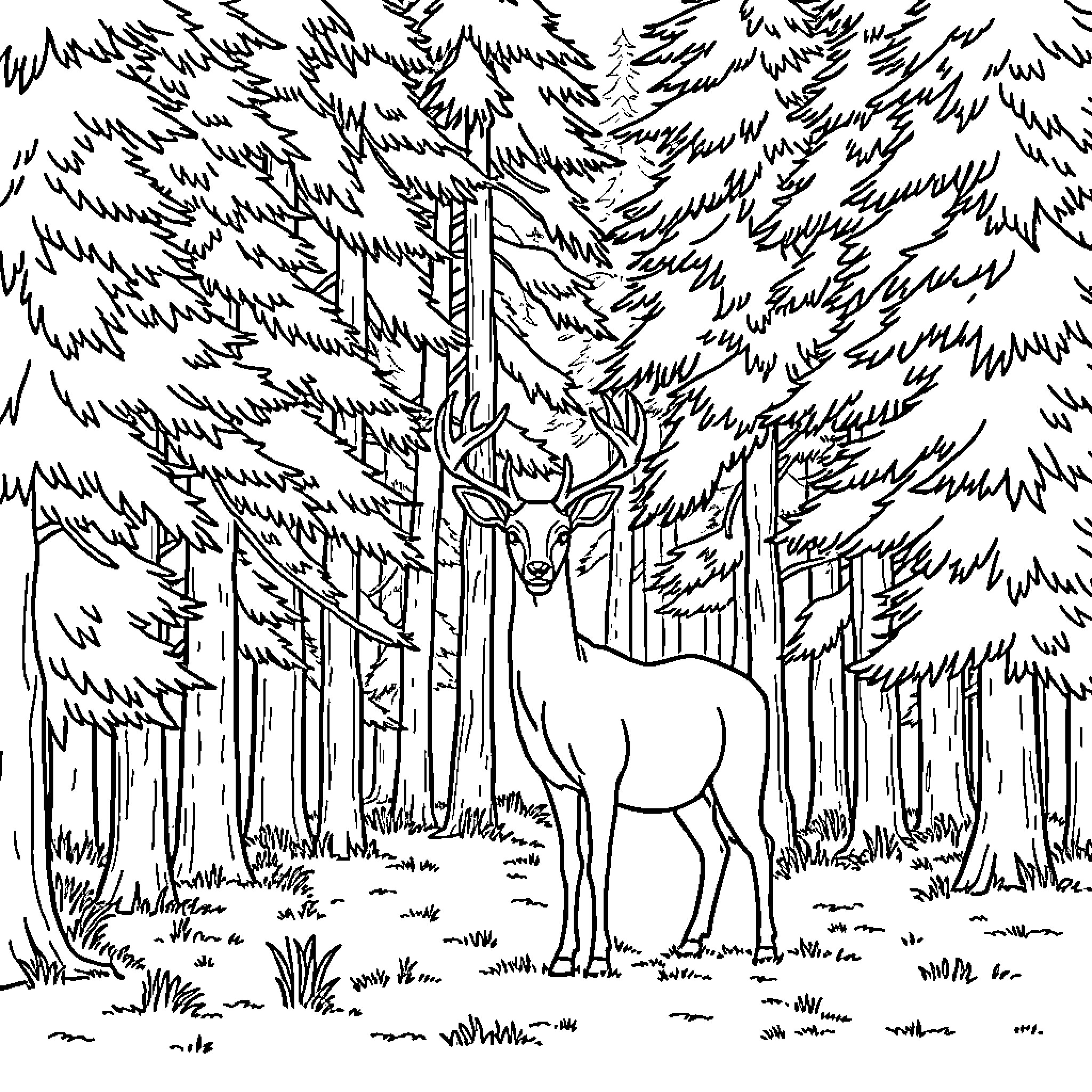 Deer standing amidst a forested scene Coloring Page (free black-and-white line drawing printable PDF for all, from beginners to advanced learners, including children, teens, adults, and seniors)