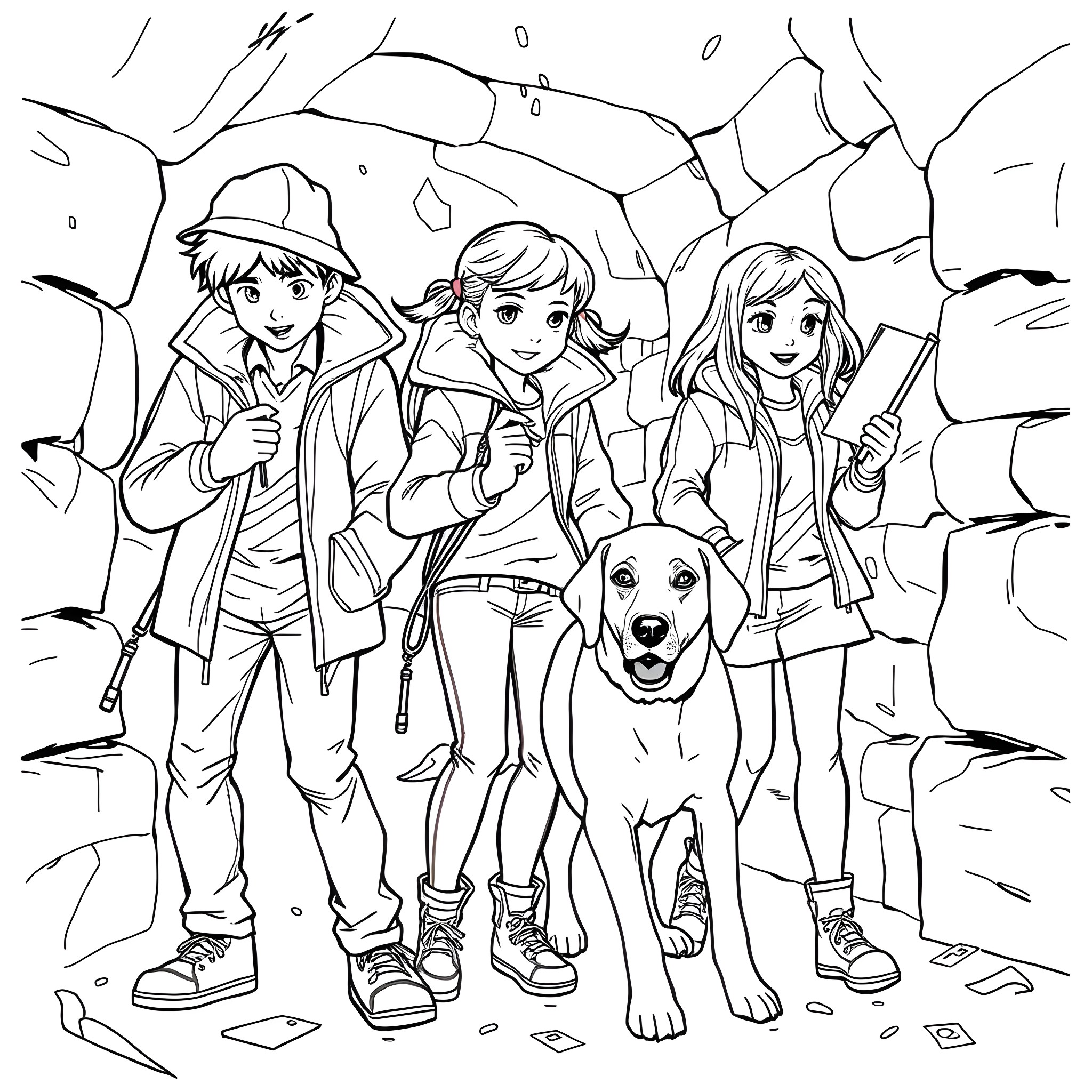 Detective Friends Explore the Snowy Wilderness Coloring Page (free black-and-white line drawing printable PDF for all, from beginners to advanced learners, including children, teens, adults, and seniors)