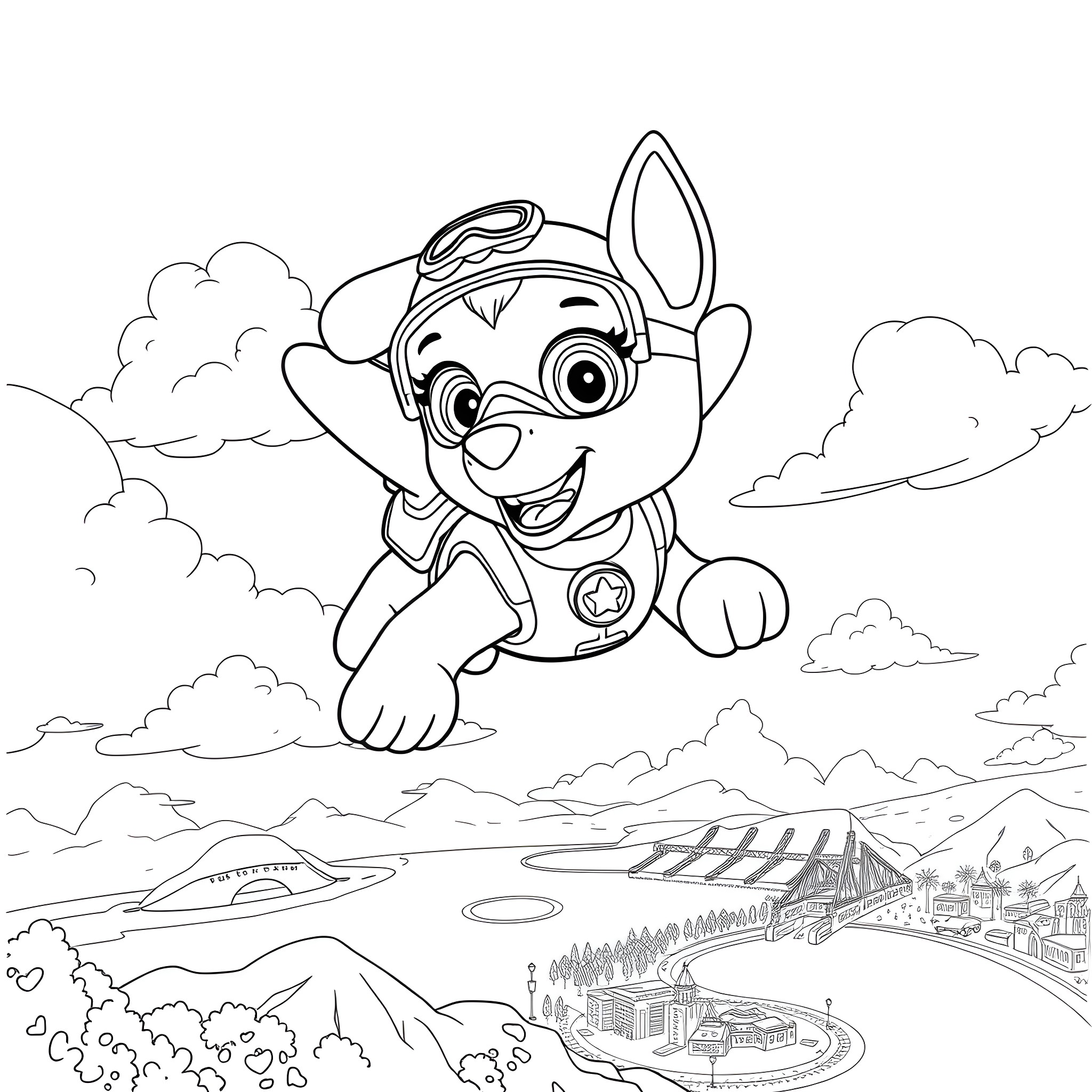 Paw Patrol puppy soaring through the clouds Coloring Page (free black-and-white line drawing printable PDF for all, from beginners to advanced learners, including children, teens, adults, and seniors)