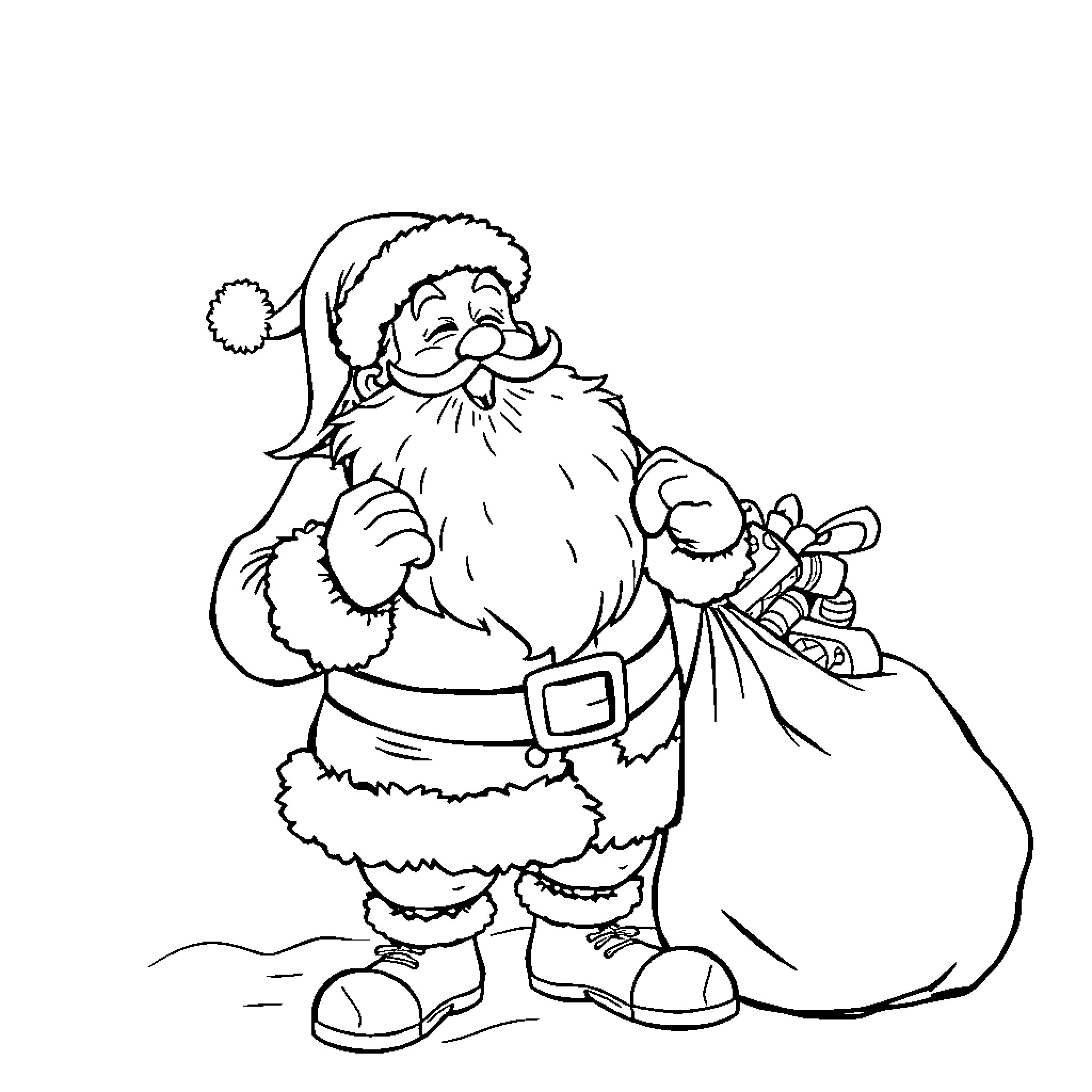 Santa Claus carrying a sack of gifts Coloring Page (free black-and-white line drawing printable PDF for all, from beginners to advanced learners, including children, teens, adults, and seniors)