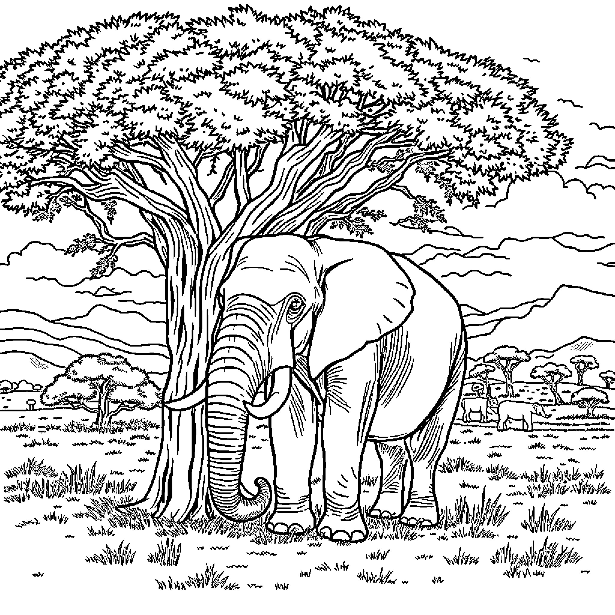 Elephant in the Serene African Landscape Coloring Page (free black-and-white line drawing printable PDF for all, from beginners to advanced learners, including children, teens, adults, and seniors)