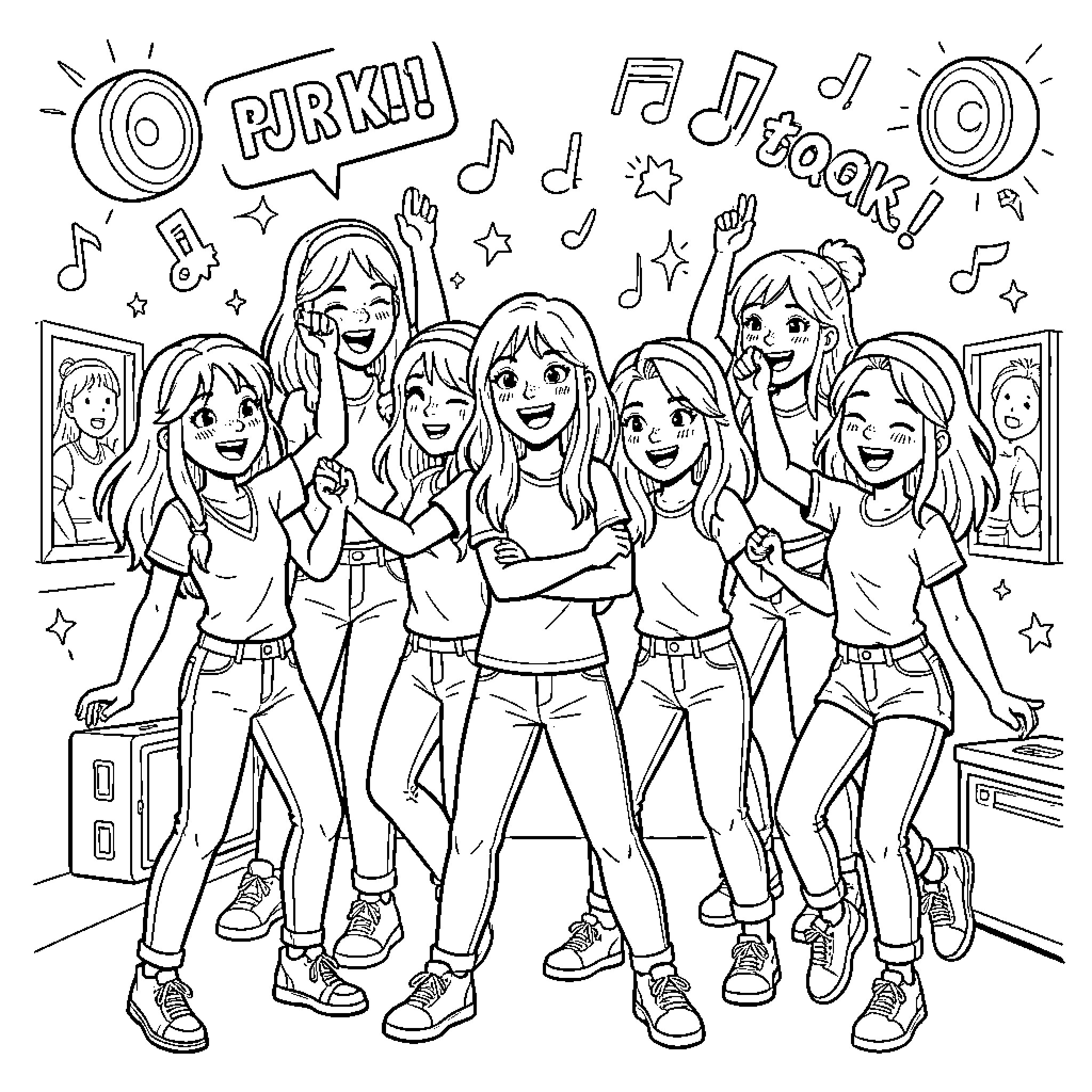 Girly Pop friends singing and dancing together happily Coloring Page (free black-and-white line drawing printable PDF for all, from beginners to advanced learners, including children, teens, adults, and seniors)