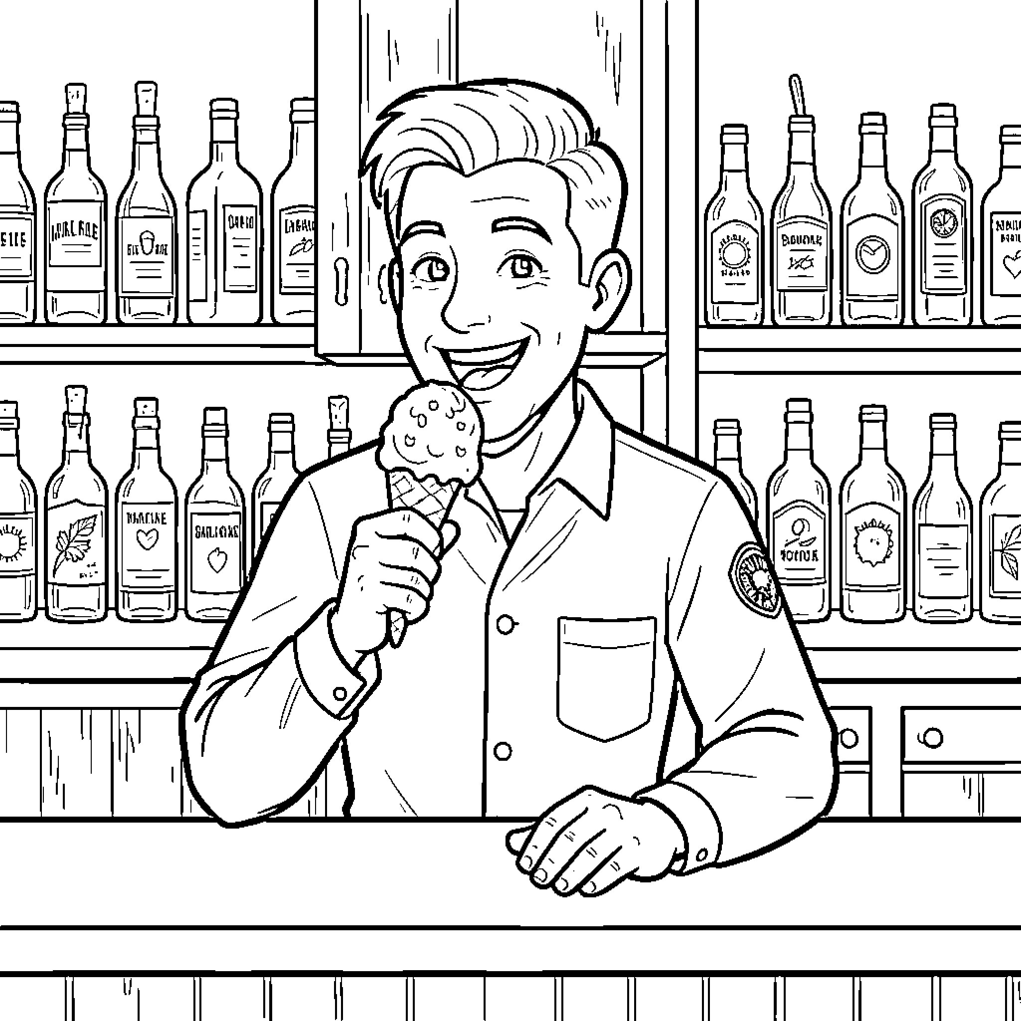 Barman smiling while holding a delicious ice cream cone Coloring Page (free black-and-white line drawing printable PDF for all, from beginners to advanced learners, including children, teens, adults, and seniors)