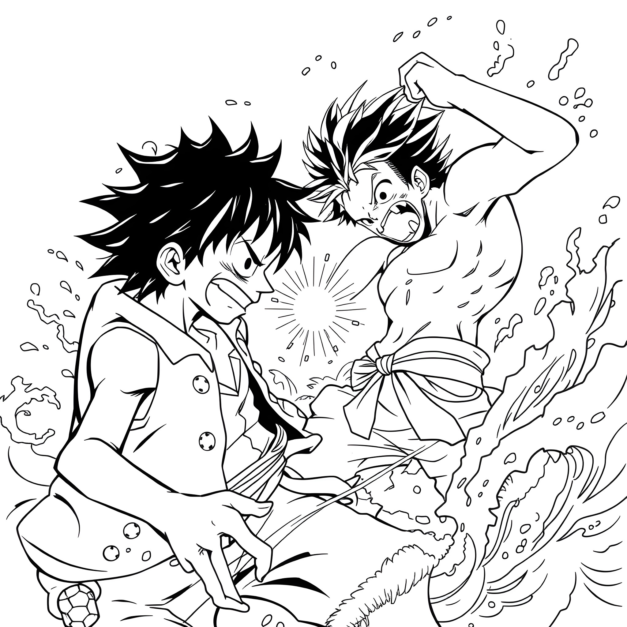 Luffy unleashing his powerful abilities in action Coloring Page (free black-and-white line drawing printable PDF for all, from beginners to advanced learners, including children, teens, adults, and seniors)