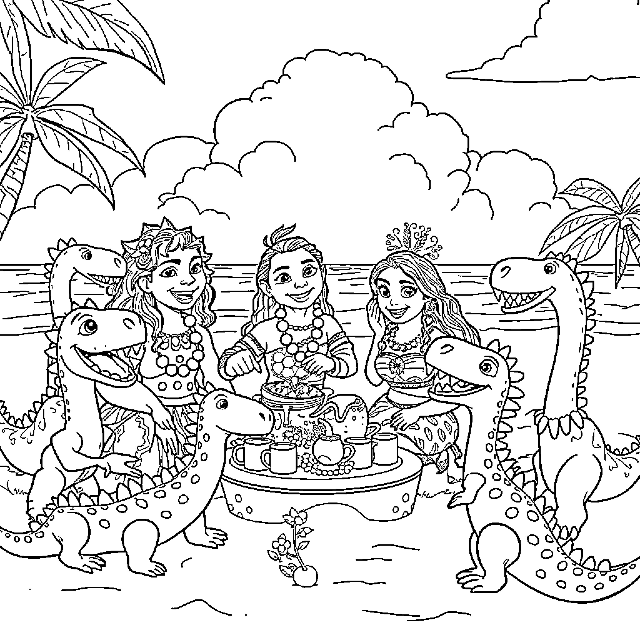 Moana and friends enjoying a tropical picnic with dinosaurs Coloring Page (free black-and-white line drawing printable PDF for all, from beginners to advanced learners, including children, teens, adults, and seniors)