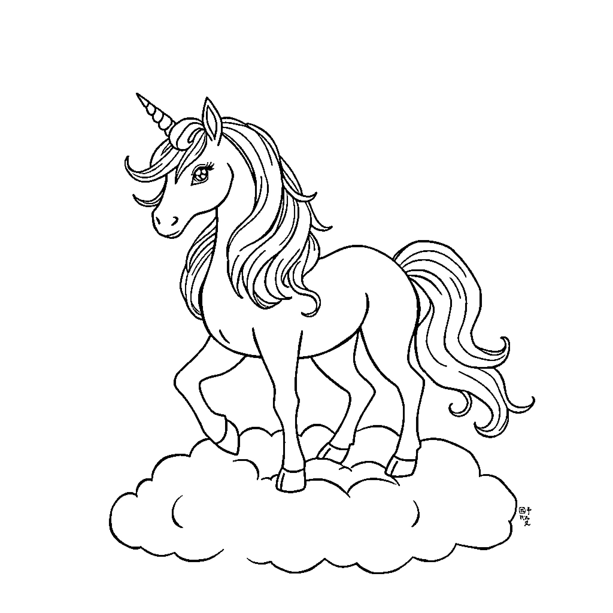 Unicorn standing proudly on a cloud Coloring Page (free black-and-white line drawing printable PDF for all, from beginners to advanced learners, including children, teens, adults, and seniors)
