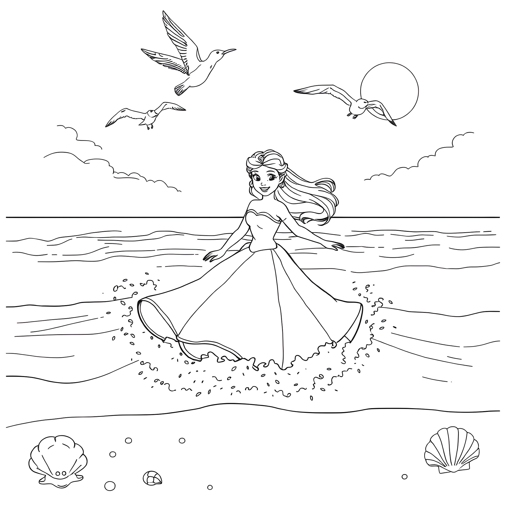 Belle dancing gracefully on the beach Coloring Page (free black-and-white line drawing printable PDF for all, from beginners to advanced learners, including children, teens, adults, and seniors)