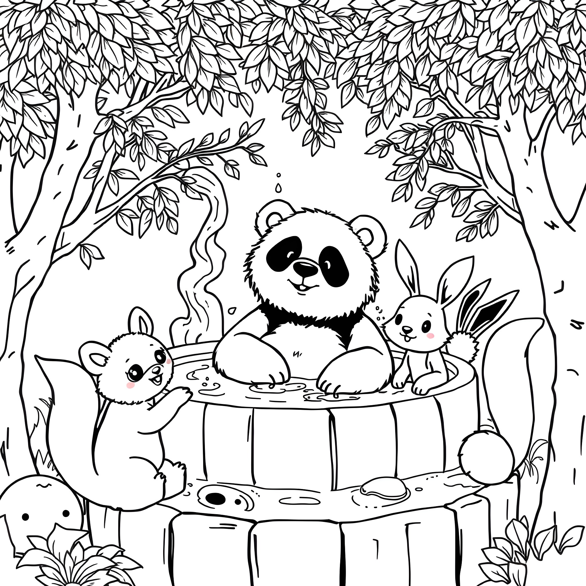 Panda and friends relaxing in the forest Coloring Page (free black-and-white line drawing printable PDF for all, from beginners to advanced learners, including children, teens, adults, and seniors)
