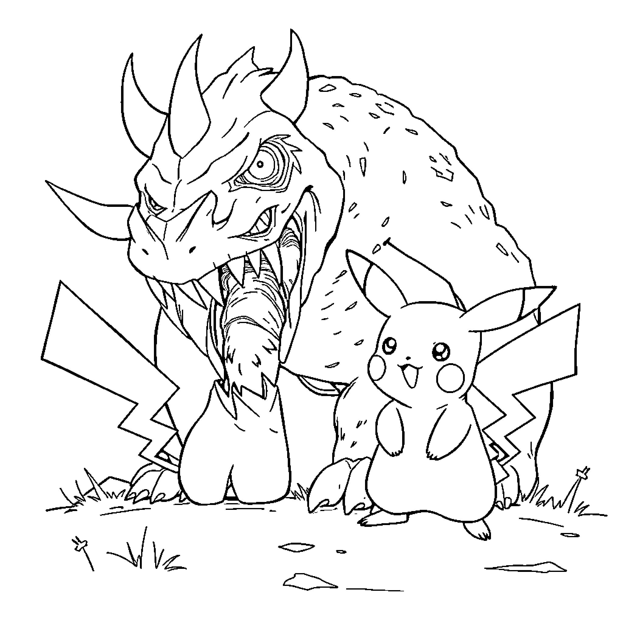 Pikachu confronting a fearsome creature Coloring Page (free black-and-white line drawing printable PDF for all, from beginners to advanced learners, including children, teens, adults, and seniors)
