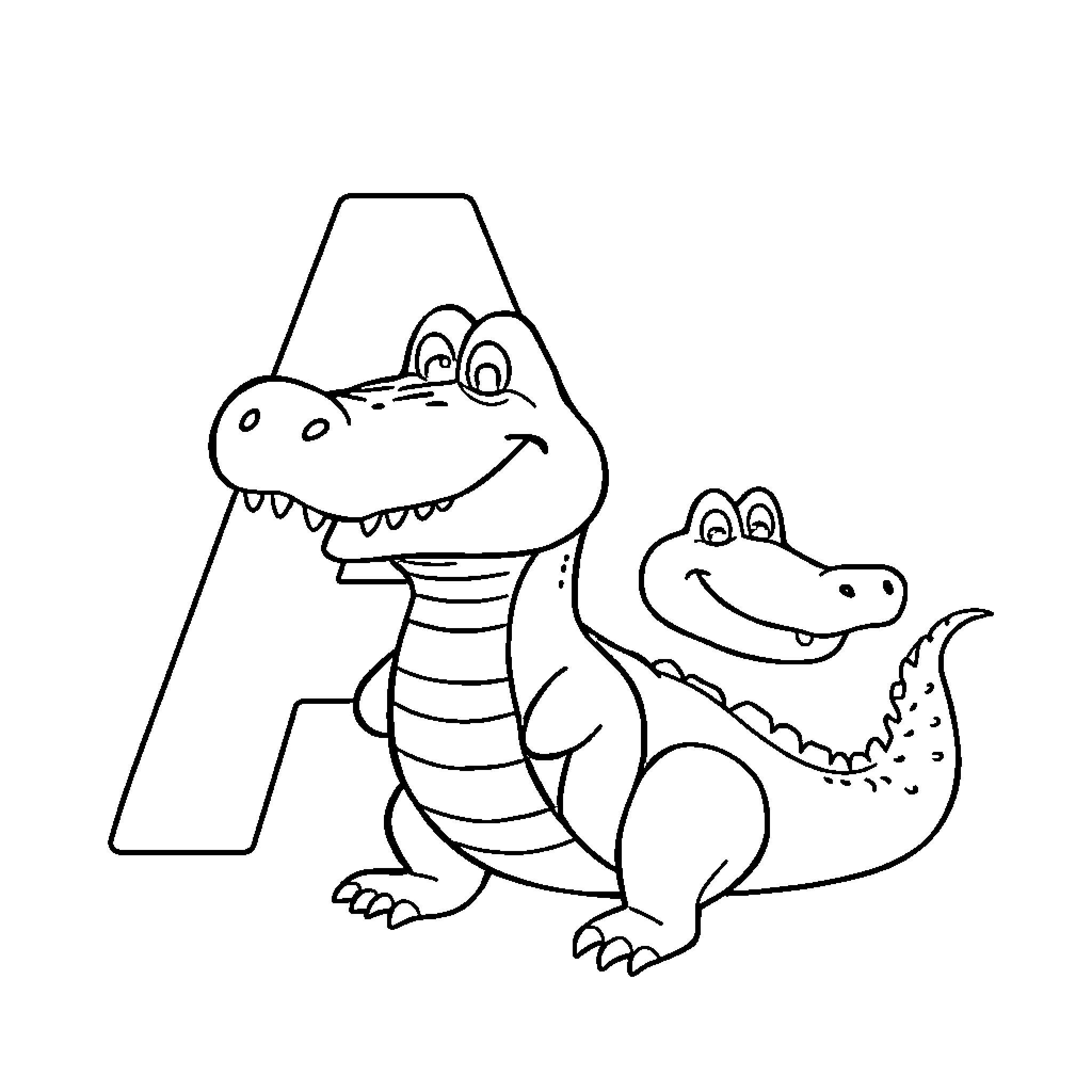 Alligator playing with letter A Coloring Page (free black-and-white line drawing printable PDF for all, from beginners to advanced learners, including children, teens, adults, and seniors)