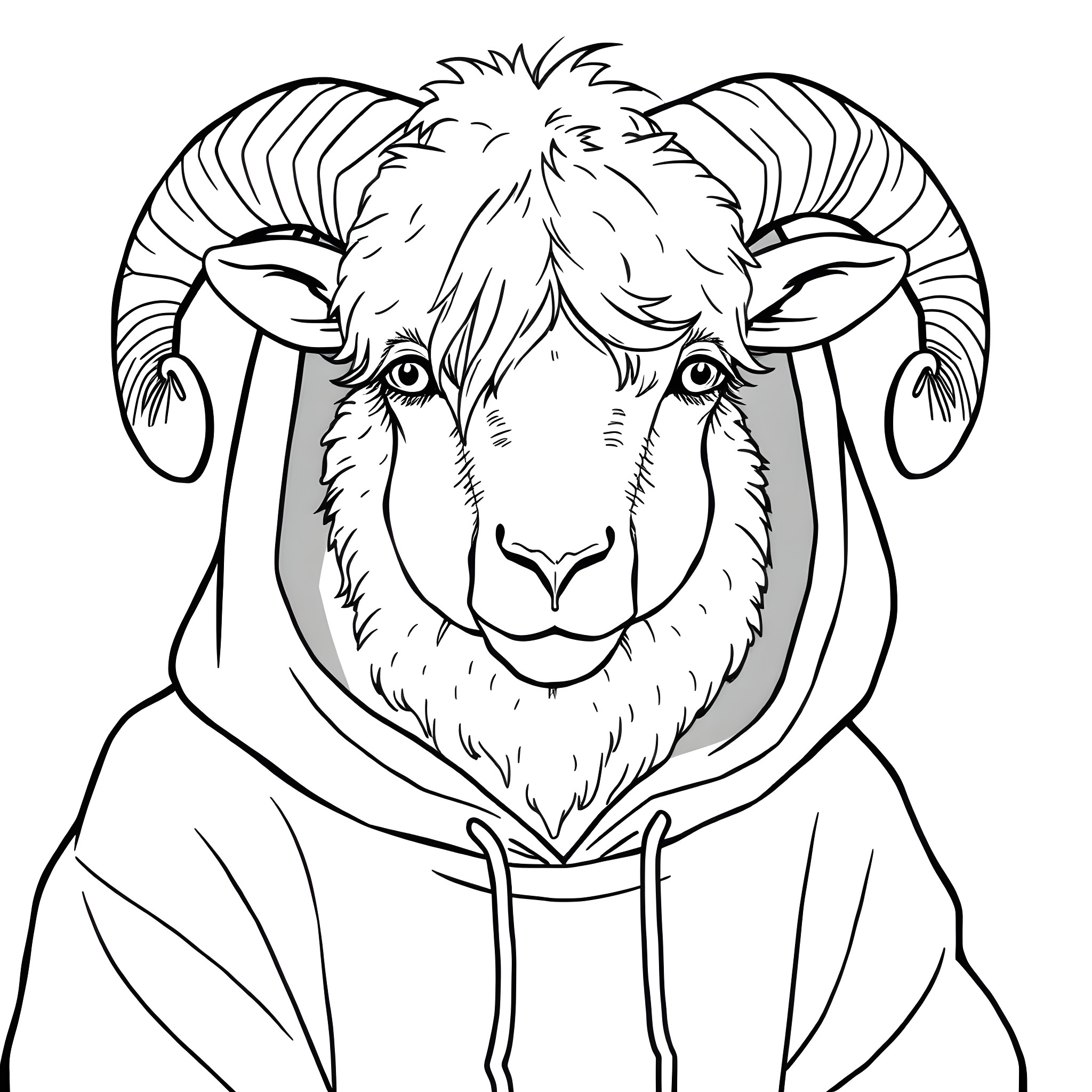 Ram wearing a hoodie with a playful expression Coloring Page (free black-and-white line drawing printable PDF for all, from beginners to advanced learners, including children, teens, adults, and seniors)