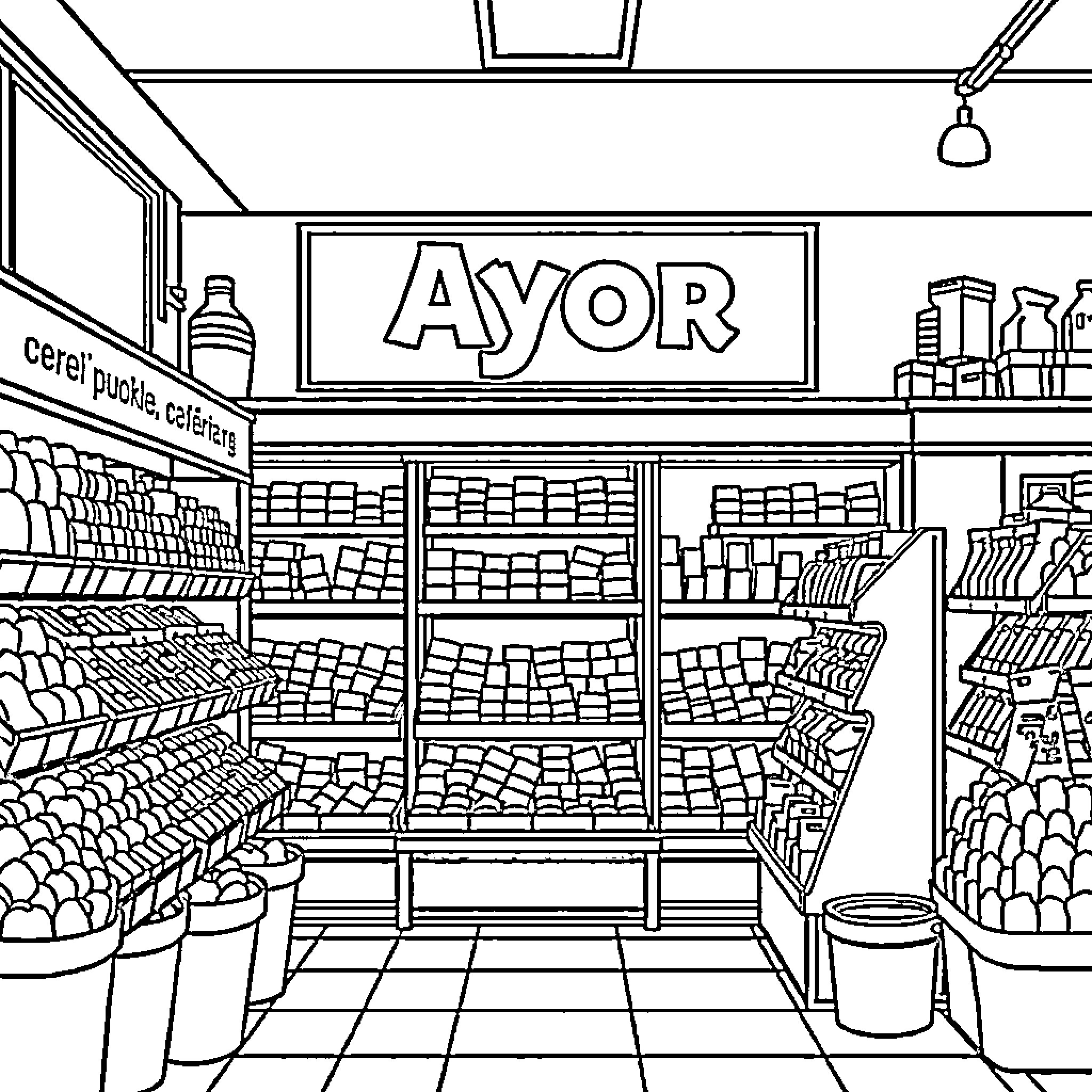 Magasin with a variety of shelved goods and products Coloring Page (free black-and-white line drawing printable PDF for all, from beginners to advanced learners, including children, teens, adults, and seniors)