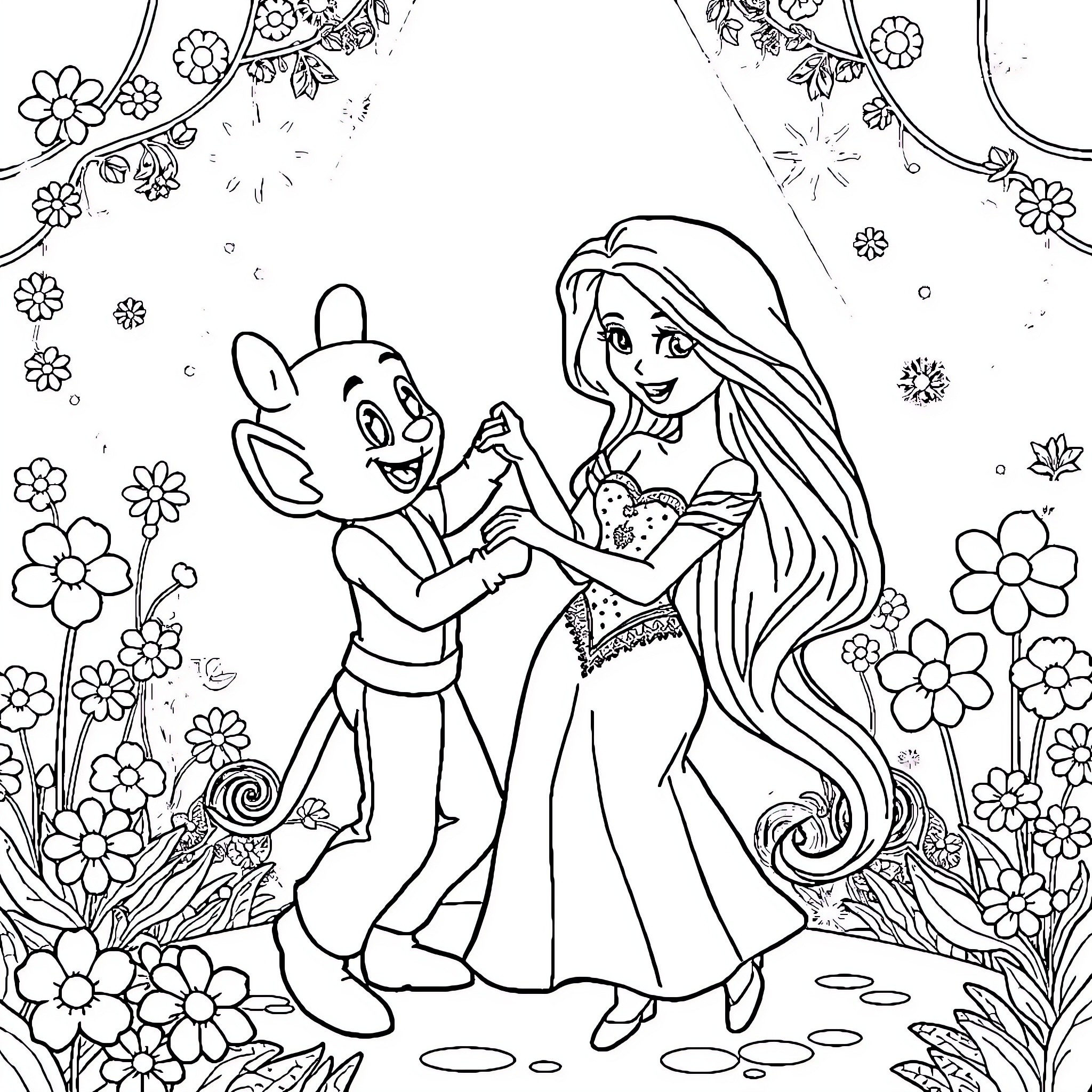 Bluey and friends dance joyfully in floral garden Coloring Page (free black-and-white line drawing printable PDF for all, from beginners to advanced learners, including children, teens, adults, and seniors)