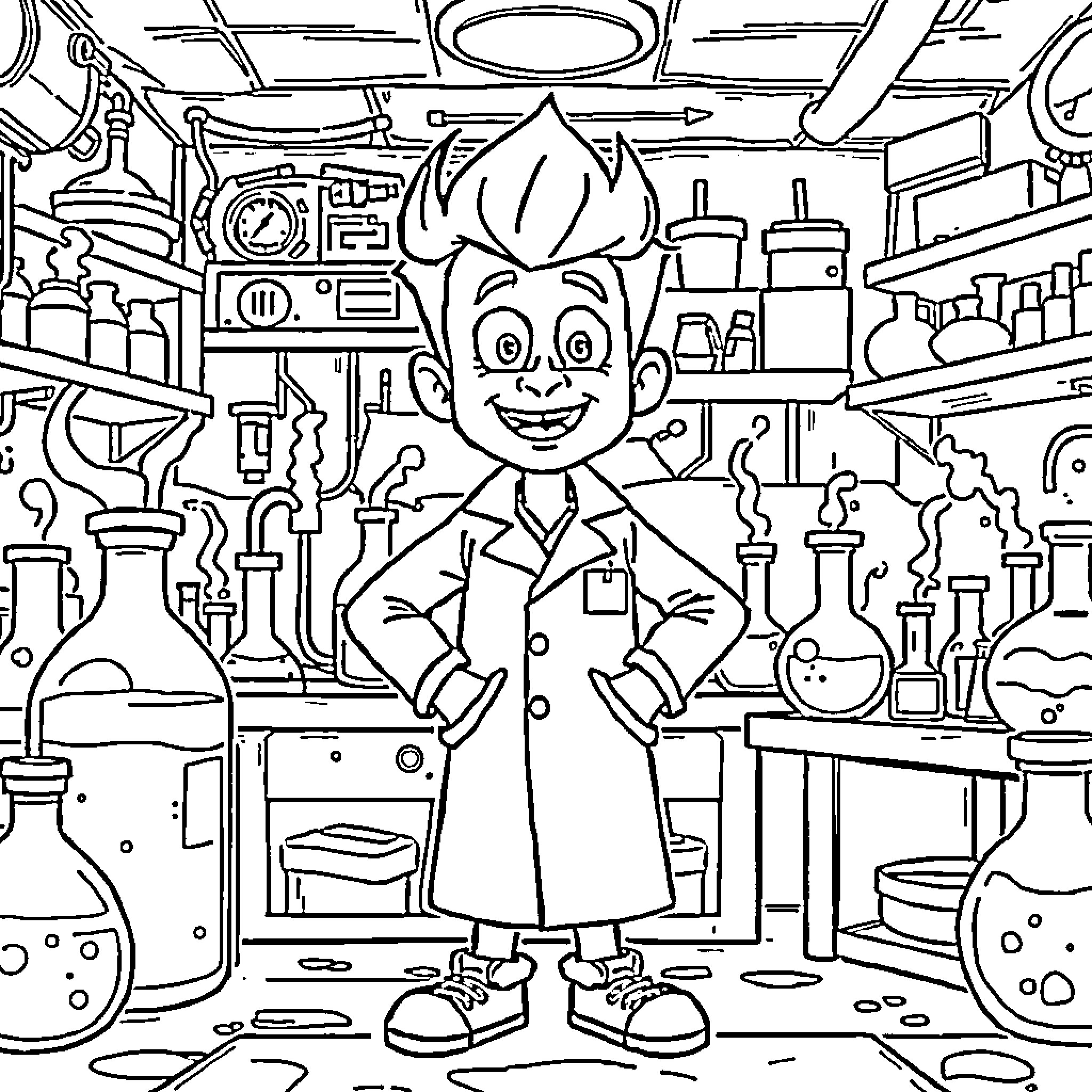 Jimmy Neutron in a whimsical science laboratory setting Coloring Page (free black-and-white line drawing printable PDF for all, from beginners to advanced learners, including children, teens, adults, and seniors)