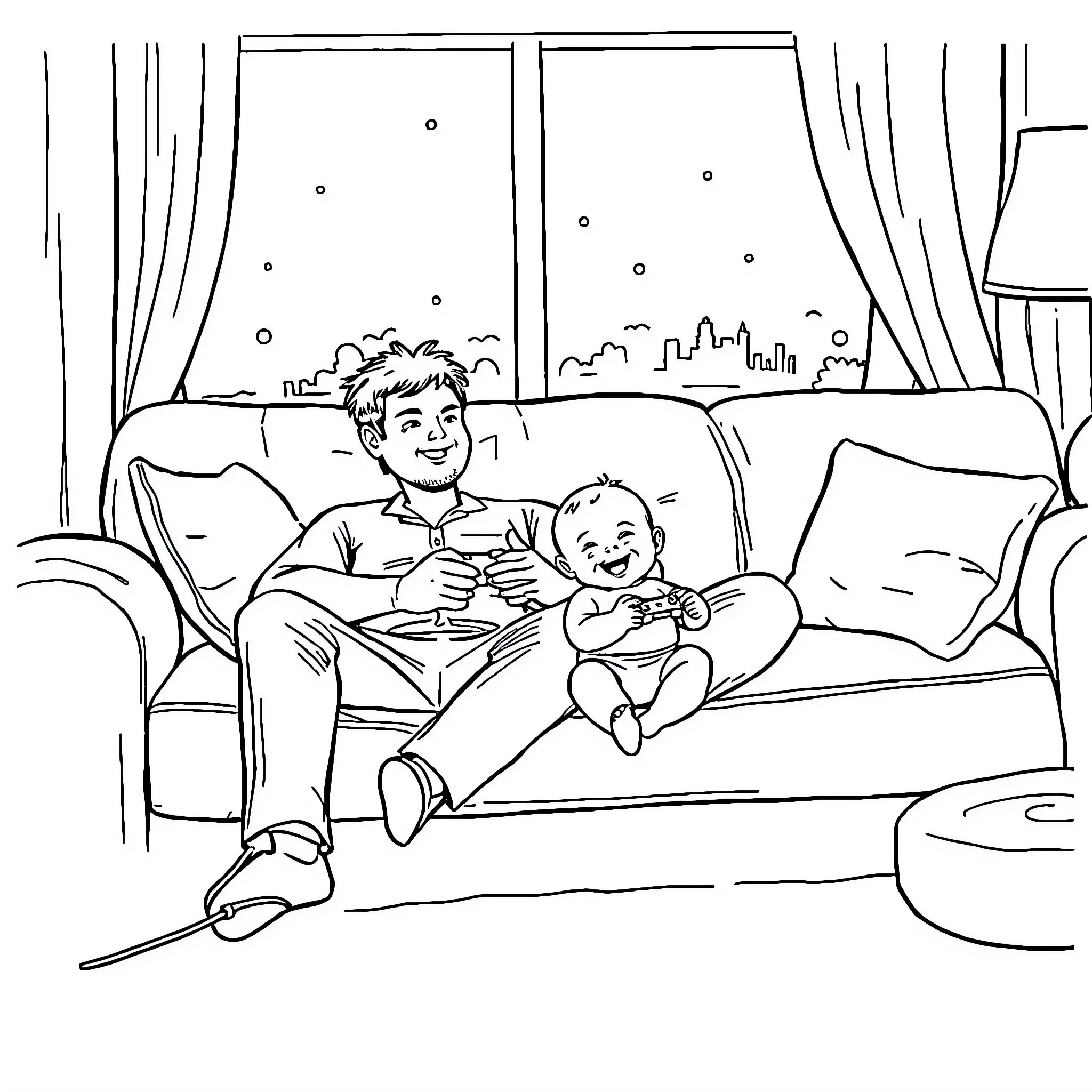 Papa and child sharing a cozy moment on the sofa Coloring Page (free black-and-white line drawing printable PDF for all, from beginners to advanced learners, including children, teens, adults, and seniors)