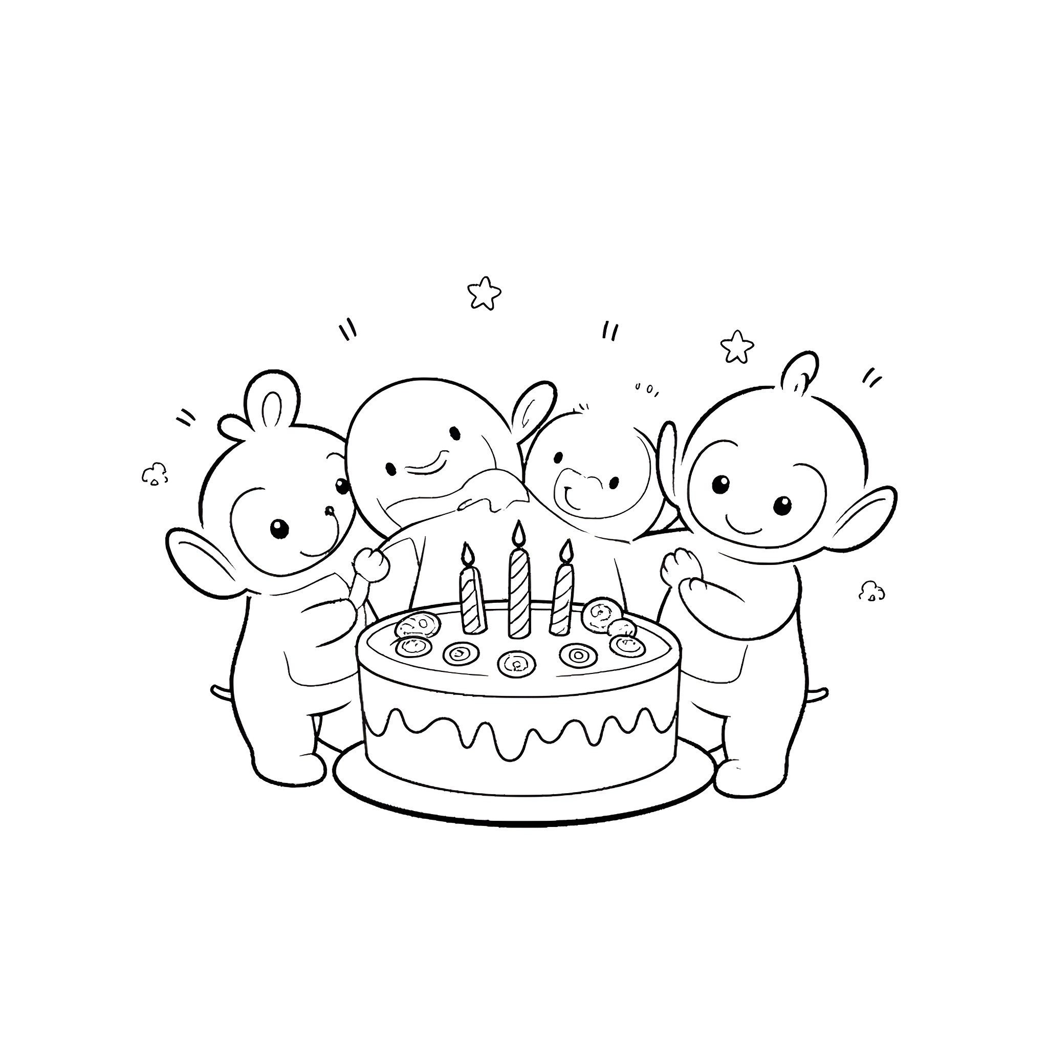 Teletubbies celebrate birthday with cake and stars Coloring Page (free black-and-white line drawing printable PDF for all, from beginners to advanced learners, including children, teens, adults, and seniors)