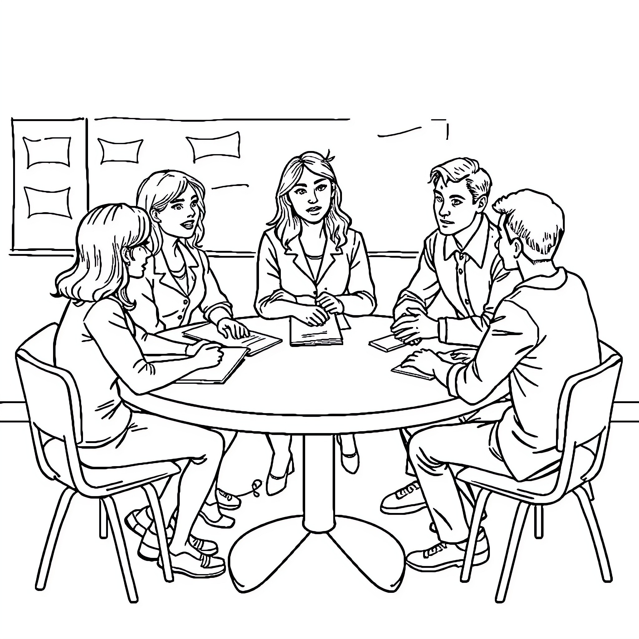 Teacher Guiding Group Discussion in Classroom Coloring Page (free black-and-white line drawing printable PDF for all, from beginners to advanced learners, including children, teens, adults, and seniors)