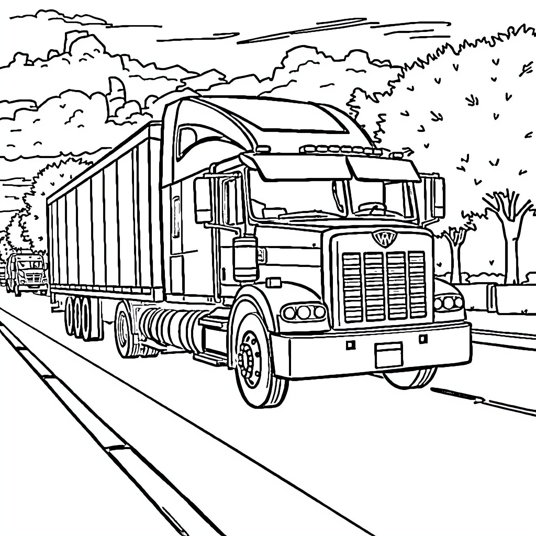 Truck hauling cargo on rural road Coloring Page (free black-and-white line drawing printable PDF for all, from beginners to advanced learners, including children, teens, adults, and seniors)