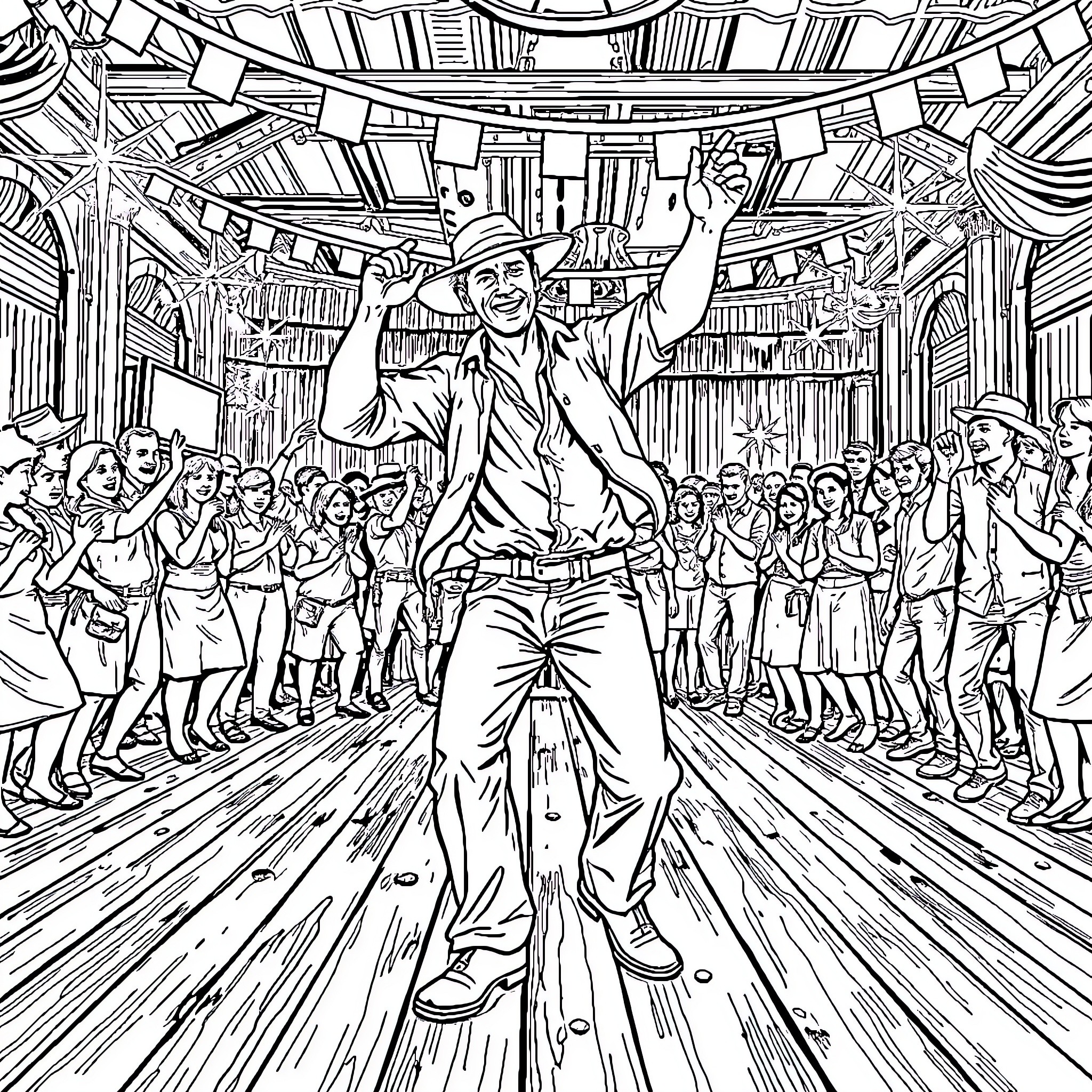 Indiana Jones in a lively celebration with dancers Coloring Page (free black-and-white line drawing printable PDF for all, from beginners to advanced learners, including children, teens, adults, and seniors)