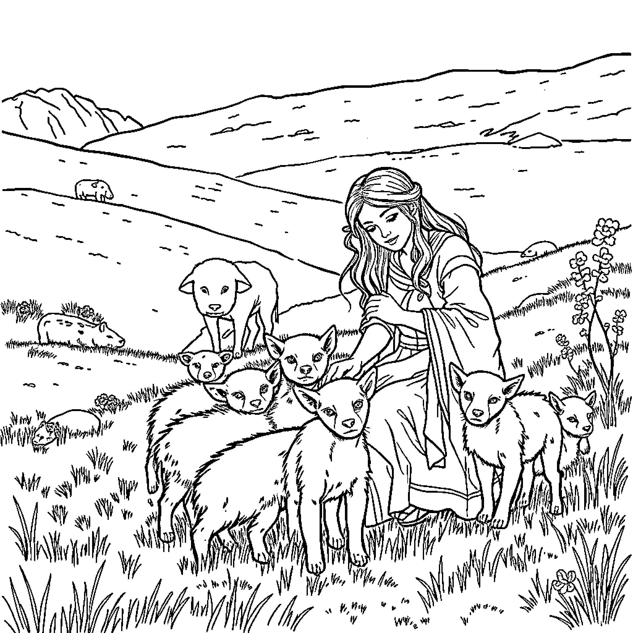 Woman caring for a pack of wolves in the wilderness Coloring Page (free black-and-white line drawing printable PDF for all, from beginners to advanced learners, including children, teens, adults, and seniors)
