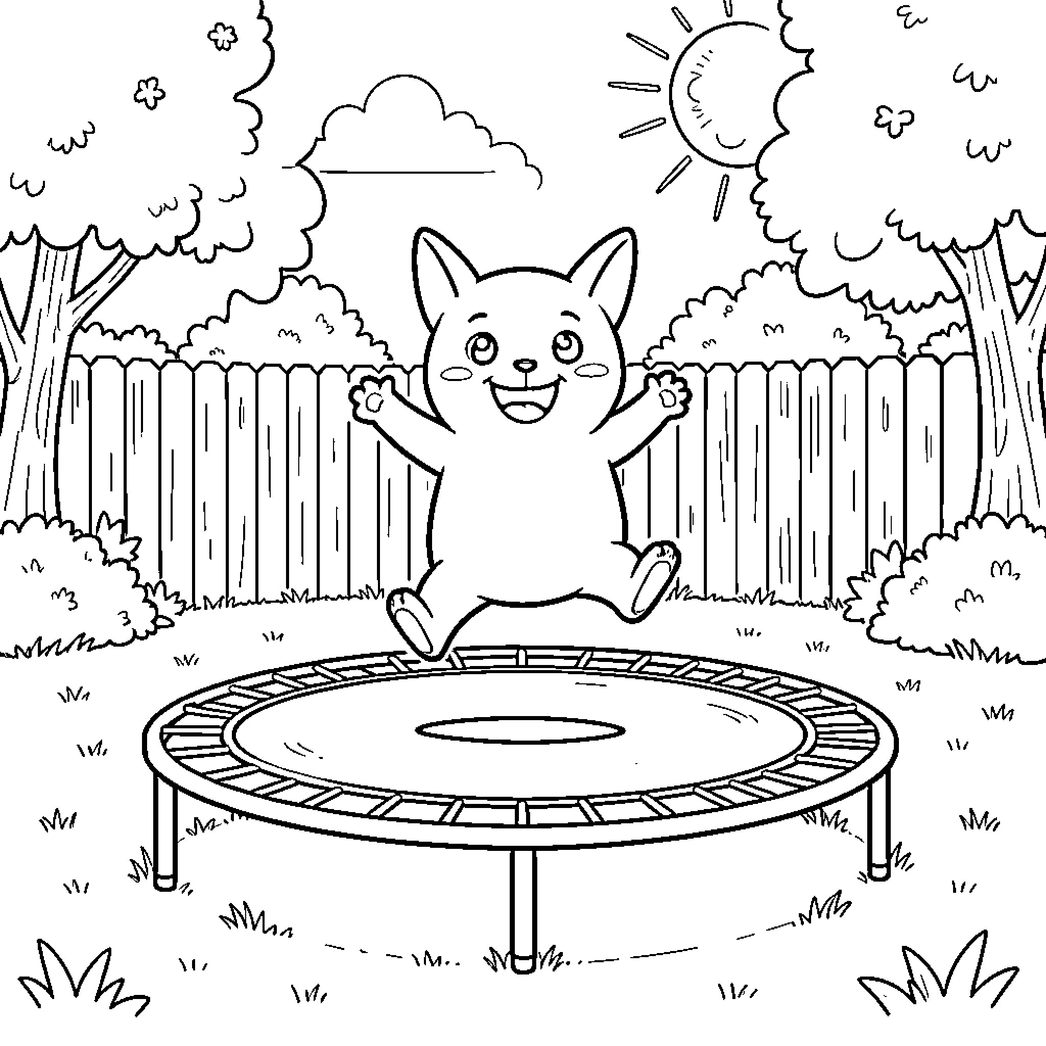 Sprunki joyfully bouncing on a trampoline in nature Coloring Page (free black-and-white line drawing printable PDF for all, from beginners to advanced learners, including children, teens, adults, and seniors)