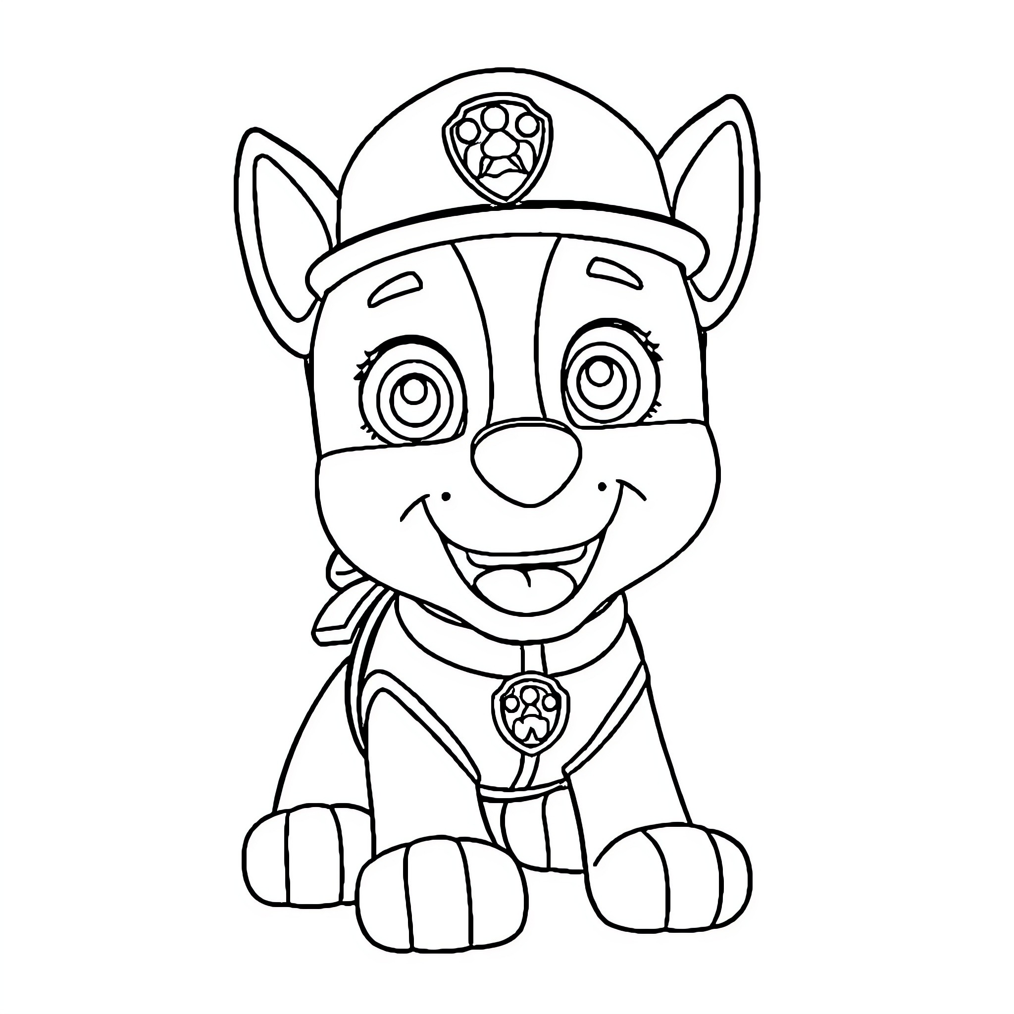 Marshal Puppy in Uniform Smiling Happily Coloring Page (free black-and-white line drawing printable PDF for all, from beginners to advanced learners, including children, teens, adults, and seniors)