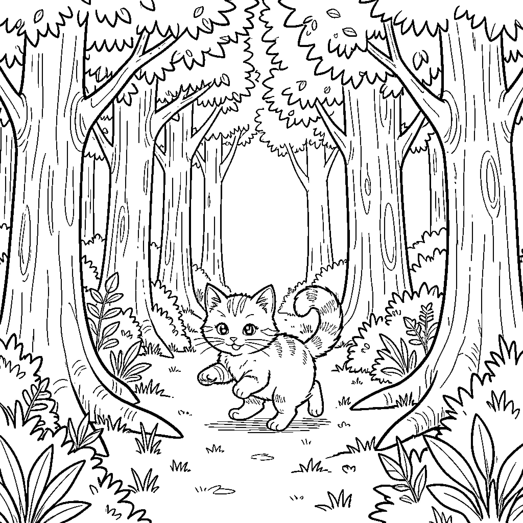 Kitten in the enchanted forest Coloring Page (free black-and-white line drawing printable PDF for all, from beginners to advanced learners, including children, teens, adults, and seniors)