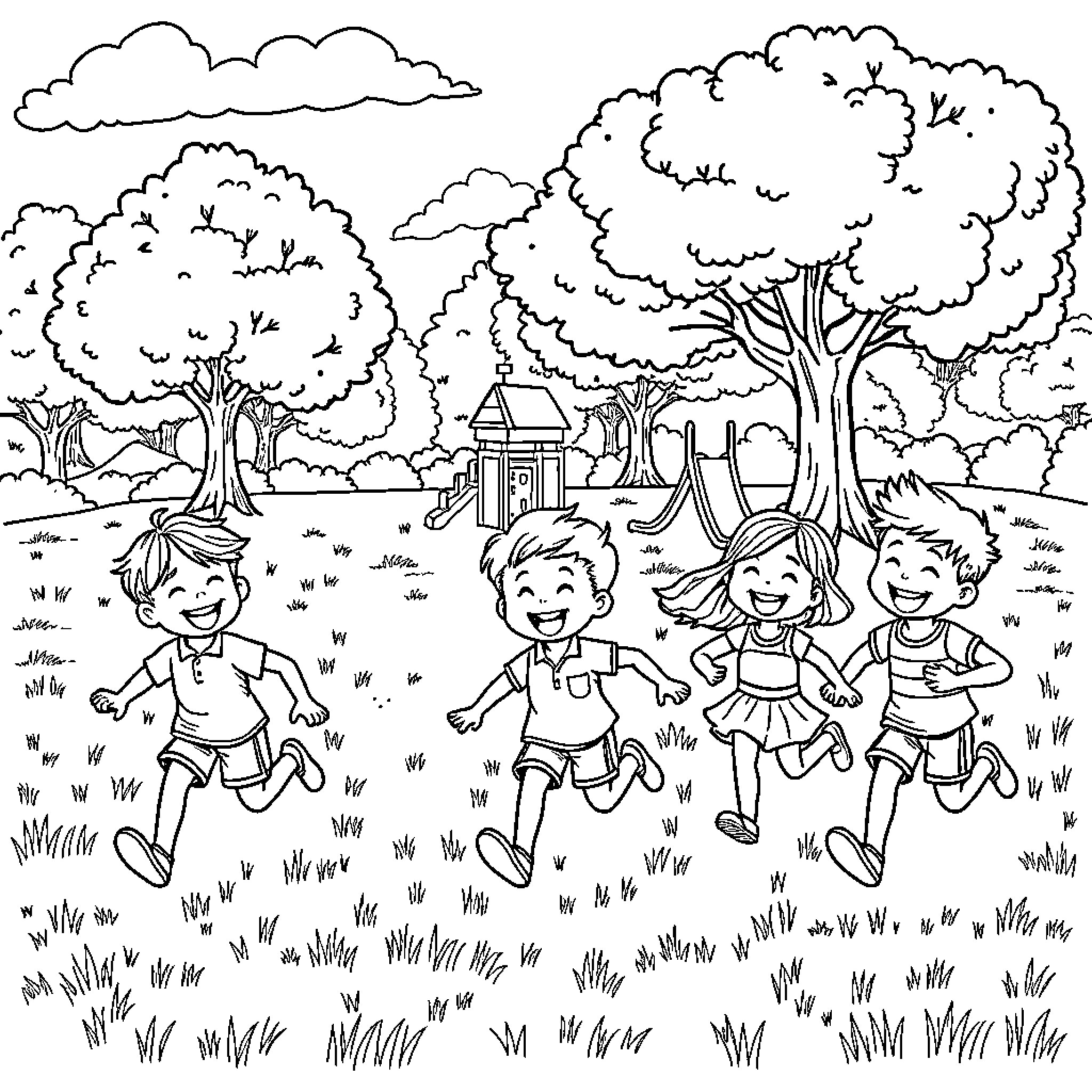 Kid group running and laughing in a park Coloring Page (free black-and-white line drawing printable PDF for all, from beginners to advanced learners, including children, teens, adults, and seniors)