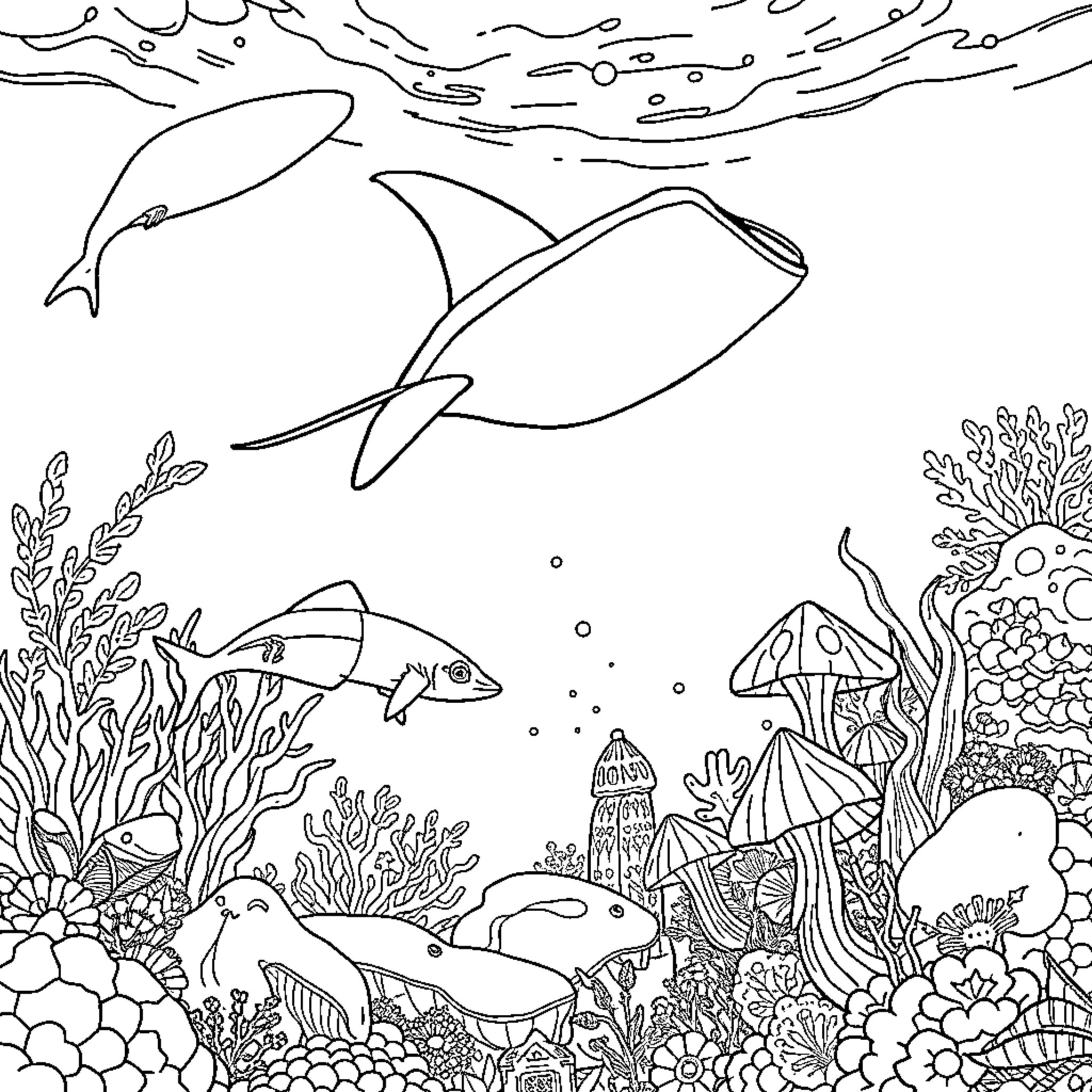 Marine Life in an Underwater Wonderland Coloring Page (free black-and-white line drawing printable PDF for all, from beginners to advanced learners, including children, teens, adults, and seniors)