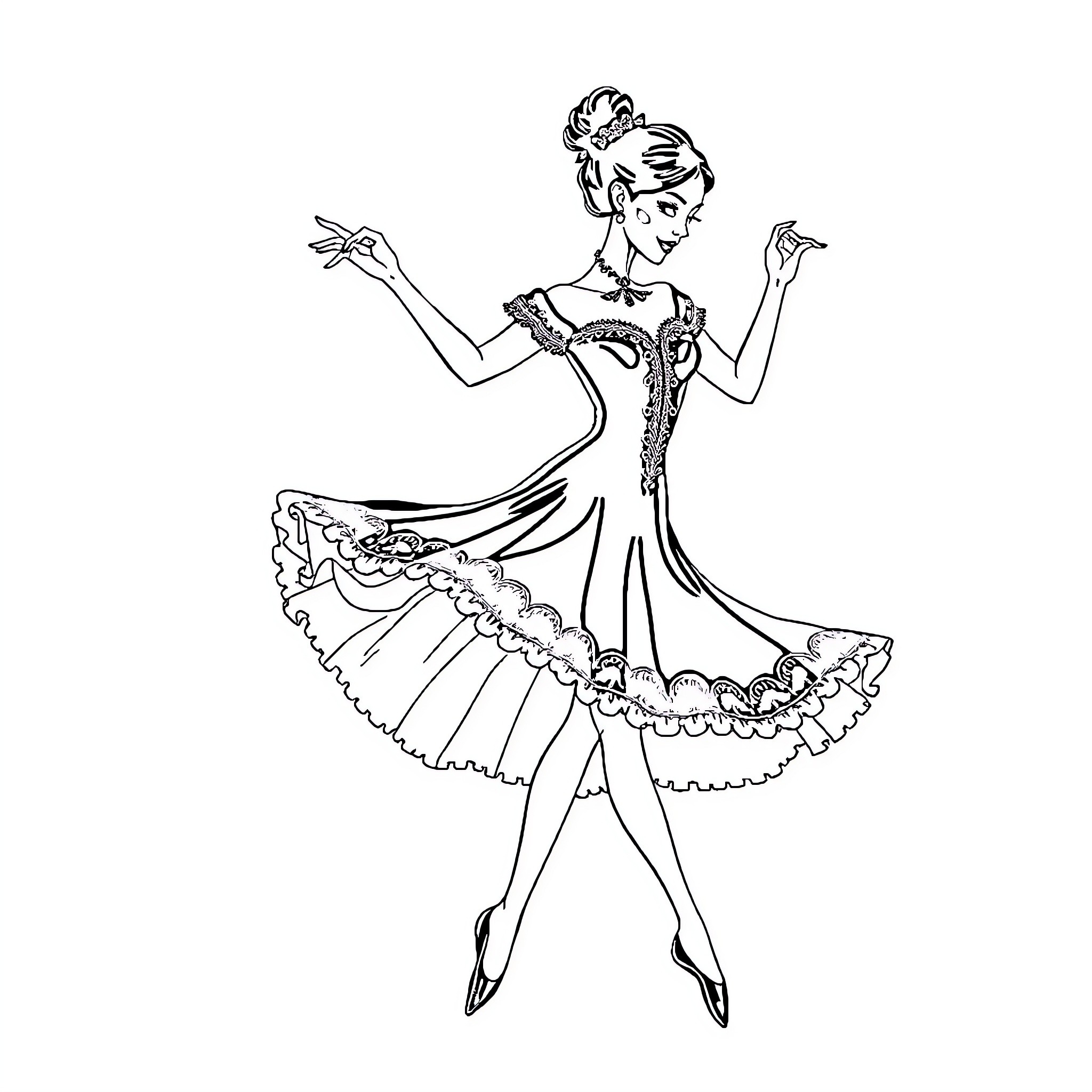 Mercredi: Elegant Ballerina Performing on Stage Coloring Page (free black-and-white line drawing printable PDF for all, from beginners to advanced learners, including children, teens, adults, and seniors)
